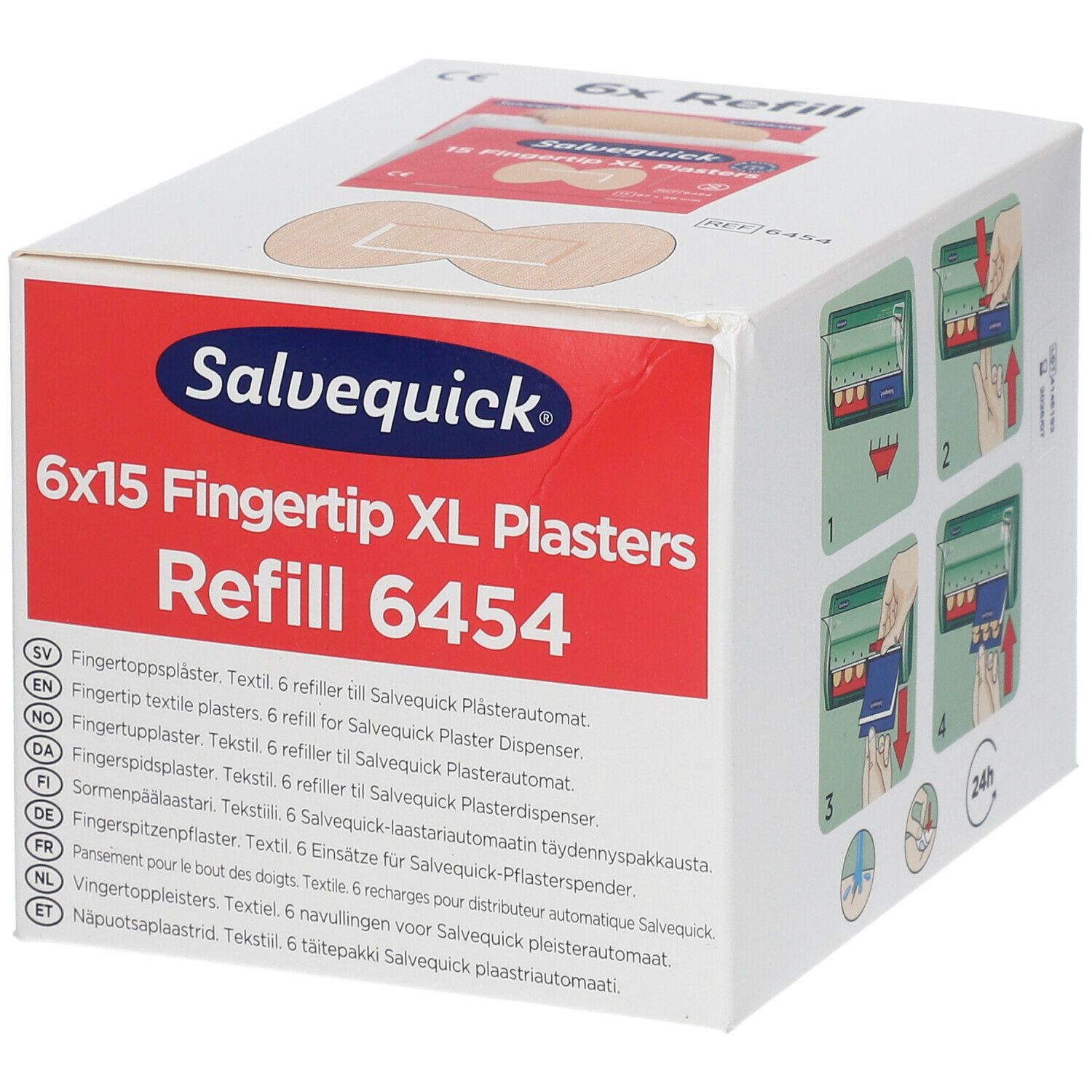 Recharge de pansements Salvequick 6x15 Fingertip XL 6454. Boîte blanche avec logo rouge. Illustrations d'utilisation.