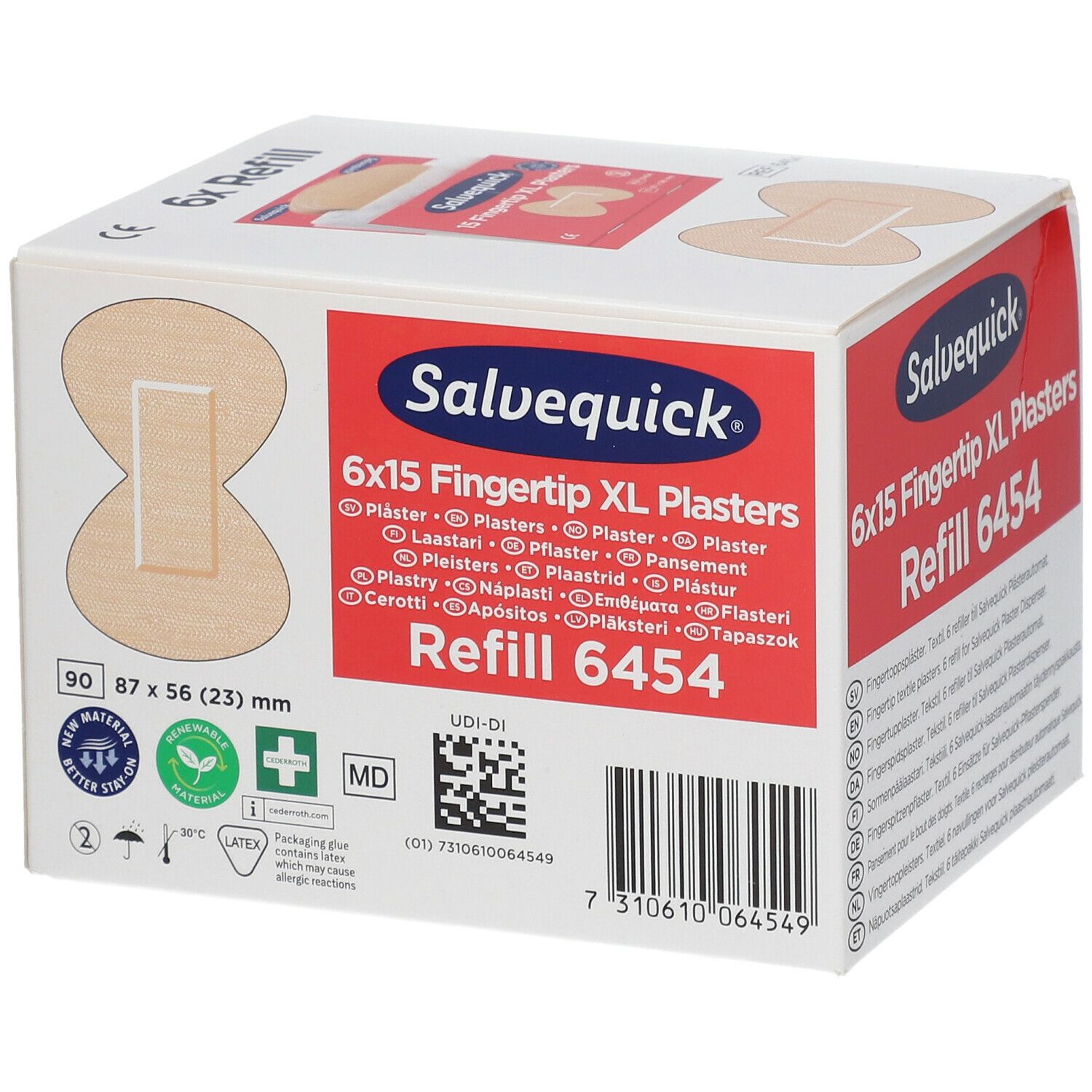 Recharge de pansements Salvequick 6x15 Fingertip XL 6454. Boîte blanche avec logo rouge. Image du produit et informations.