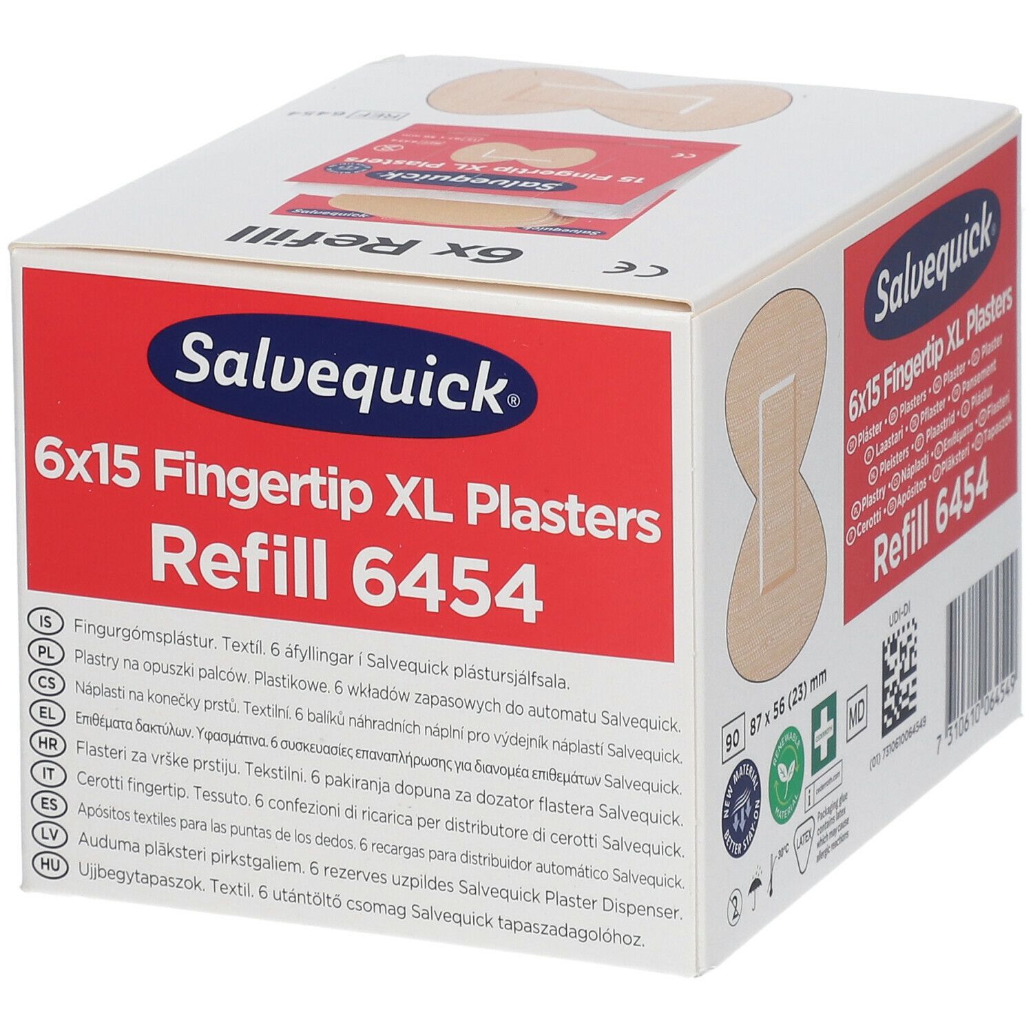 Recharge de pansements Salvequick 6x15 Fingertip XL 6454. Boîte blanche avec logo rouge. Image du produit et informations.