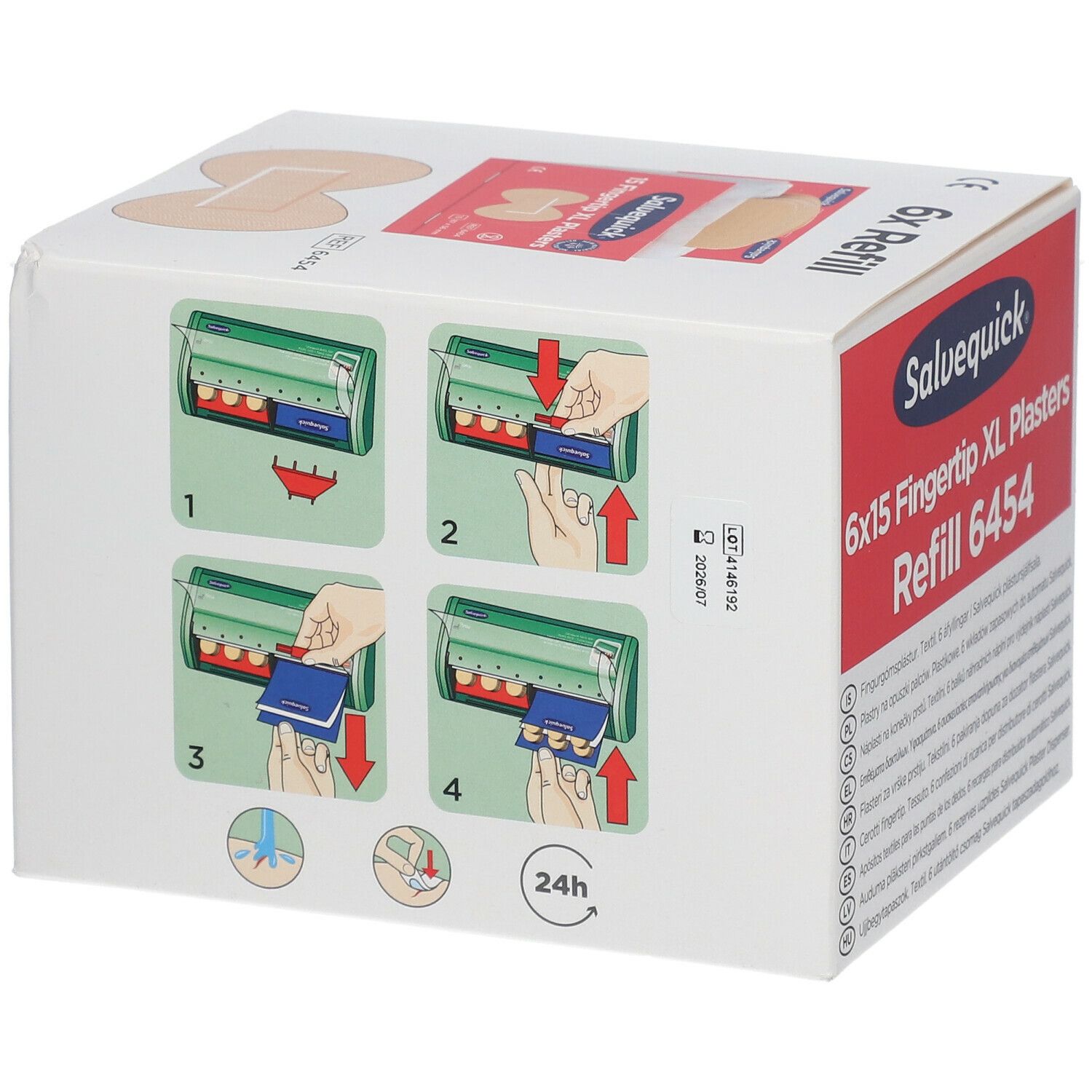 Recharge de pansements Salvequick 6x15 Fingertip XL 6454. Boîte blanche avec logo rouge. Illustrations d'utilisation.