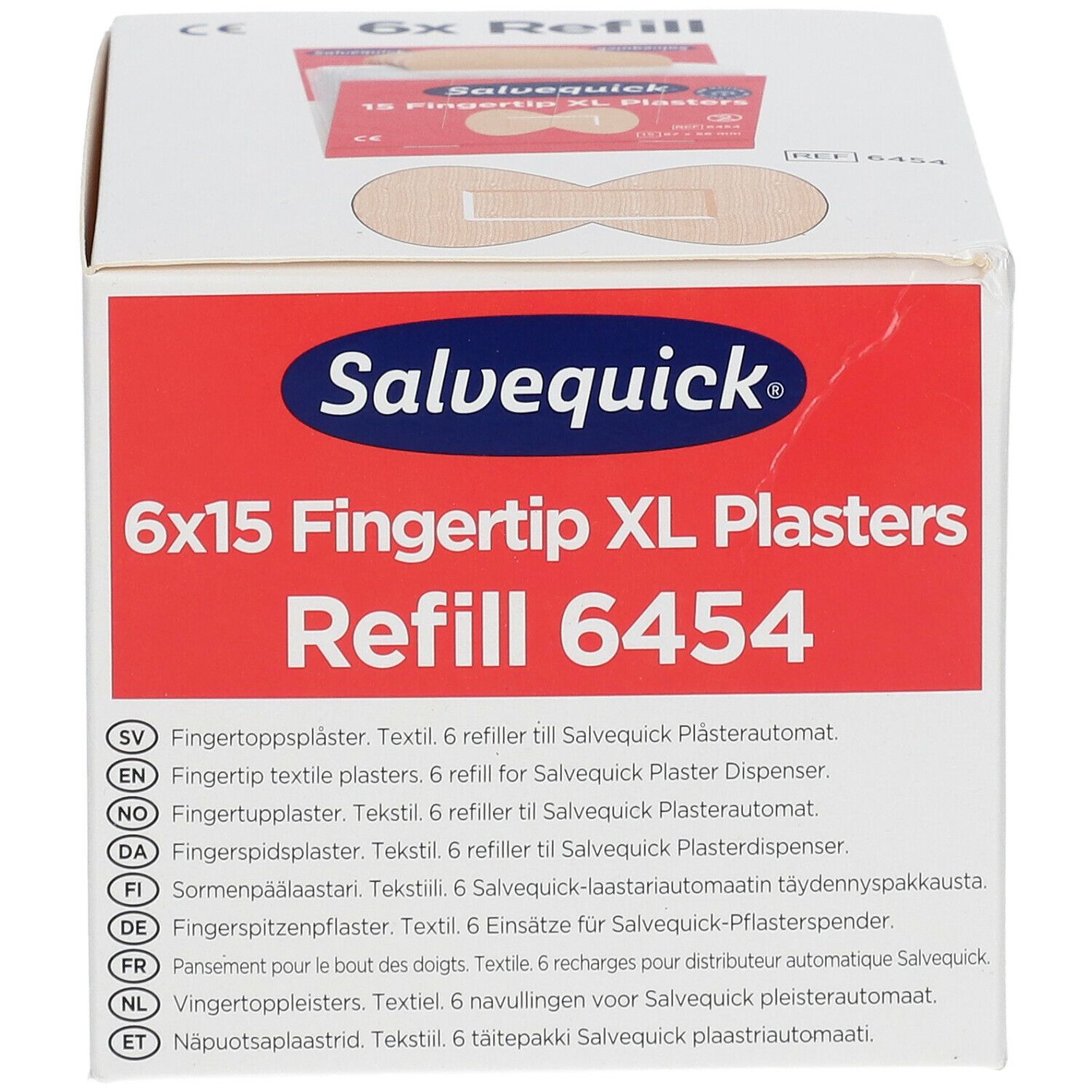 Recharge de pansements Salvequick 6x15 Fingertip XL 6454. Boîte blanche avec logo rouge. Informations produit multilingues.