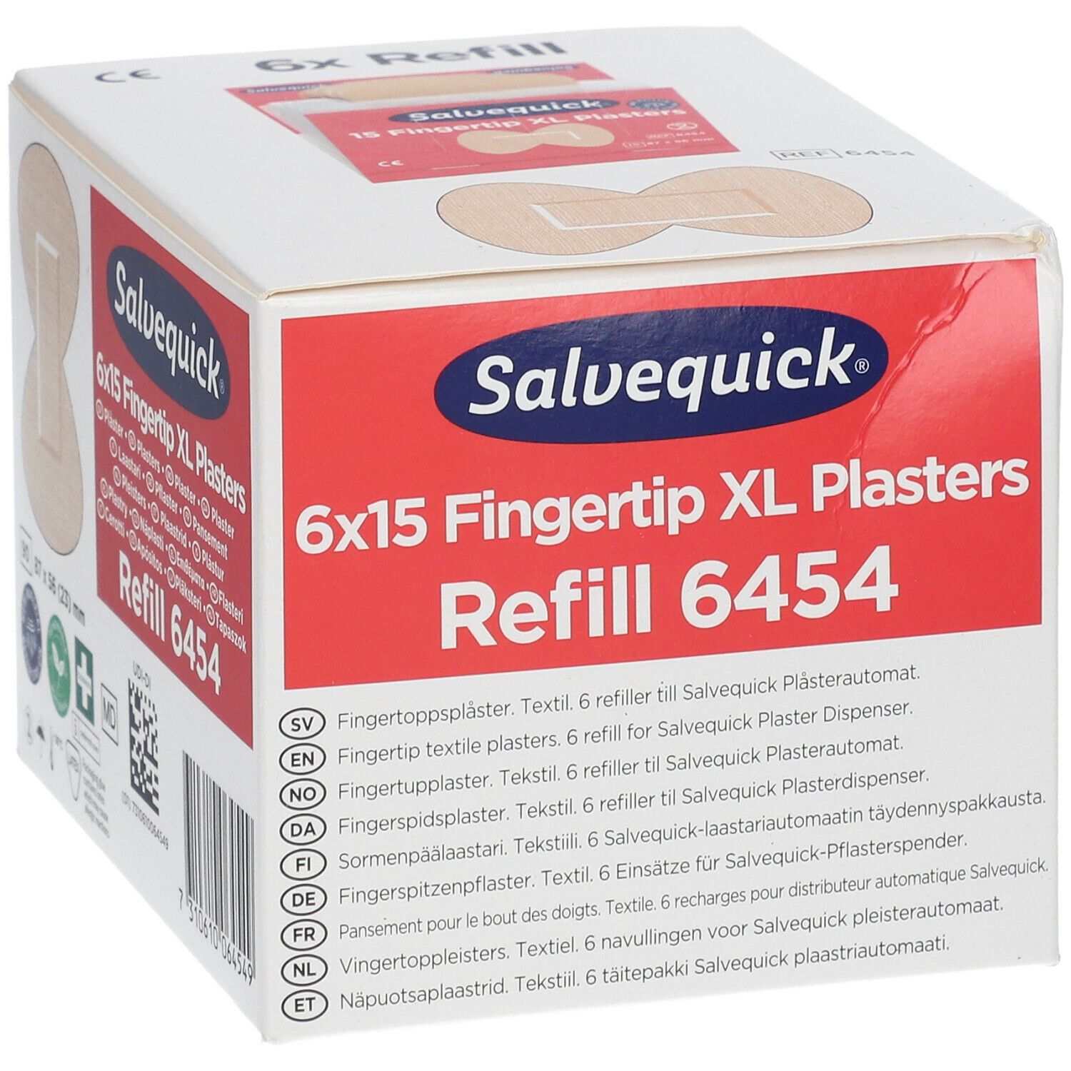 Recharge de pansements Salvequick 6x15 Fingertip XL 6454. Boîte blanche avec logo rouge. Informations produit multilingues.