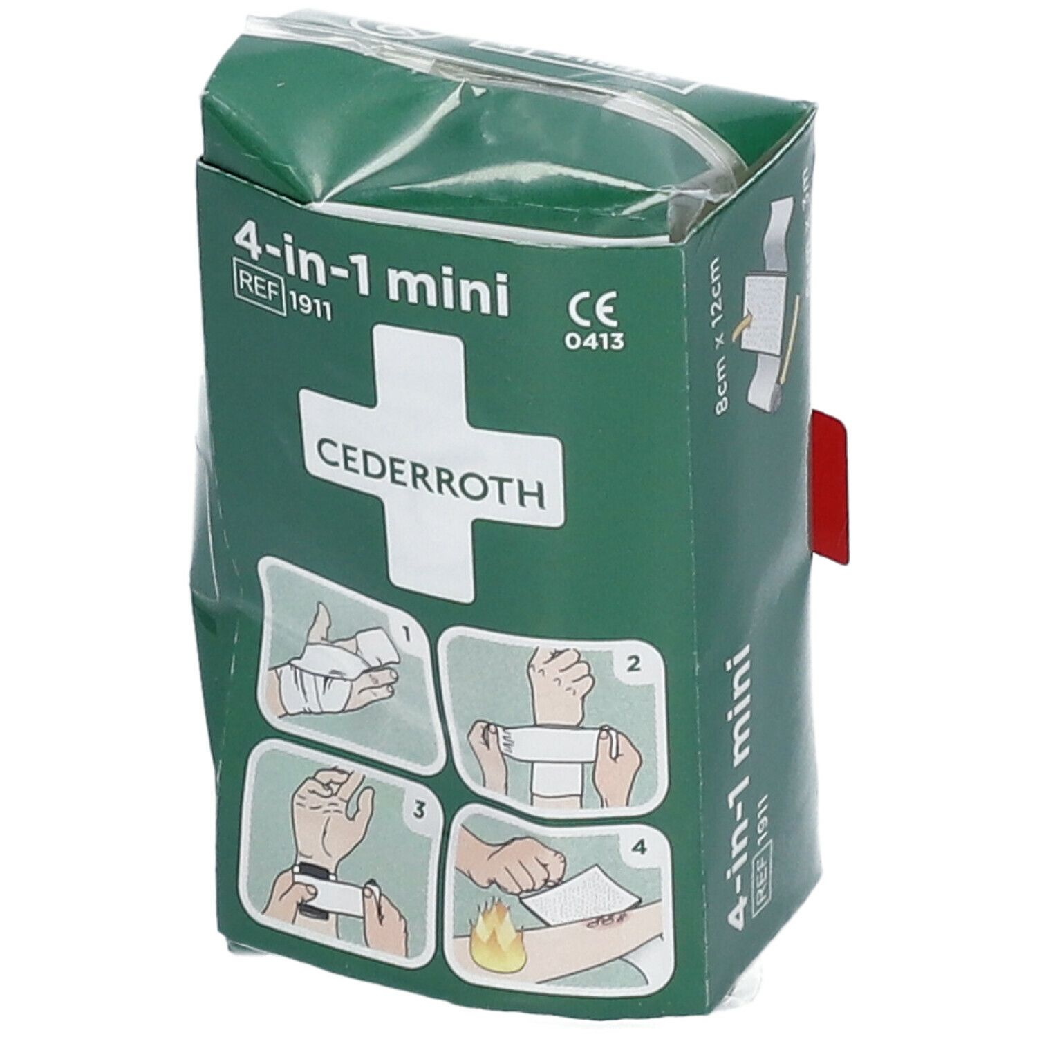 Groene verpakking met "4-in-1 mini" en "Cederroth". Illustraties van gebruik. CE-markering.