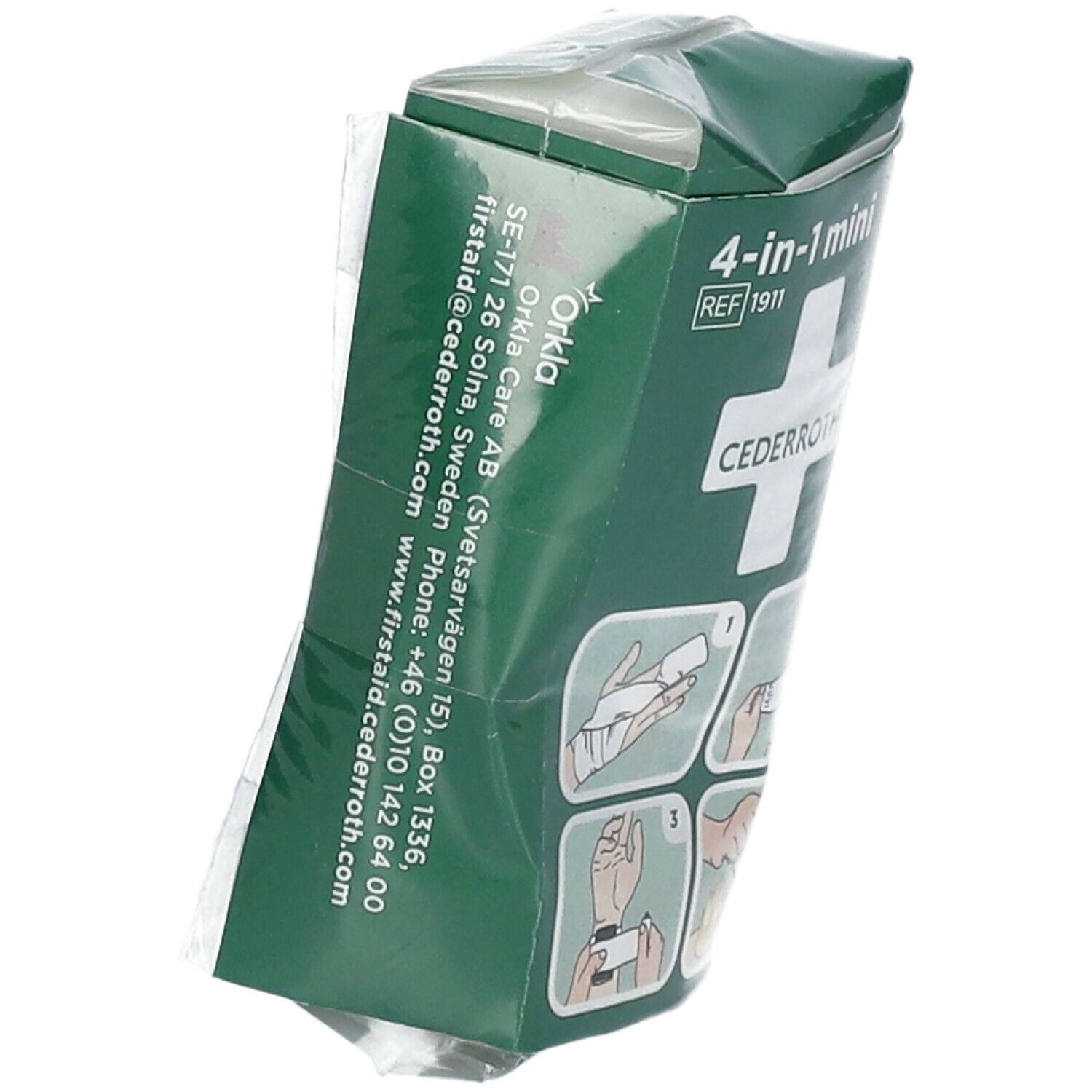 Schuine groene verpakking met "4-in-1 mini" en "Cederroth". Tekst en contactinfo op de zijkant.