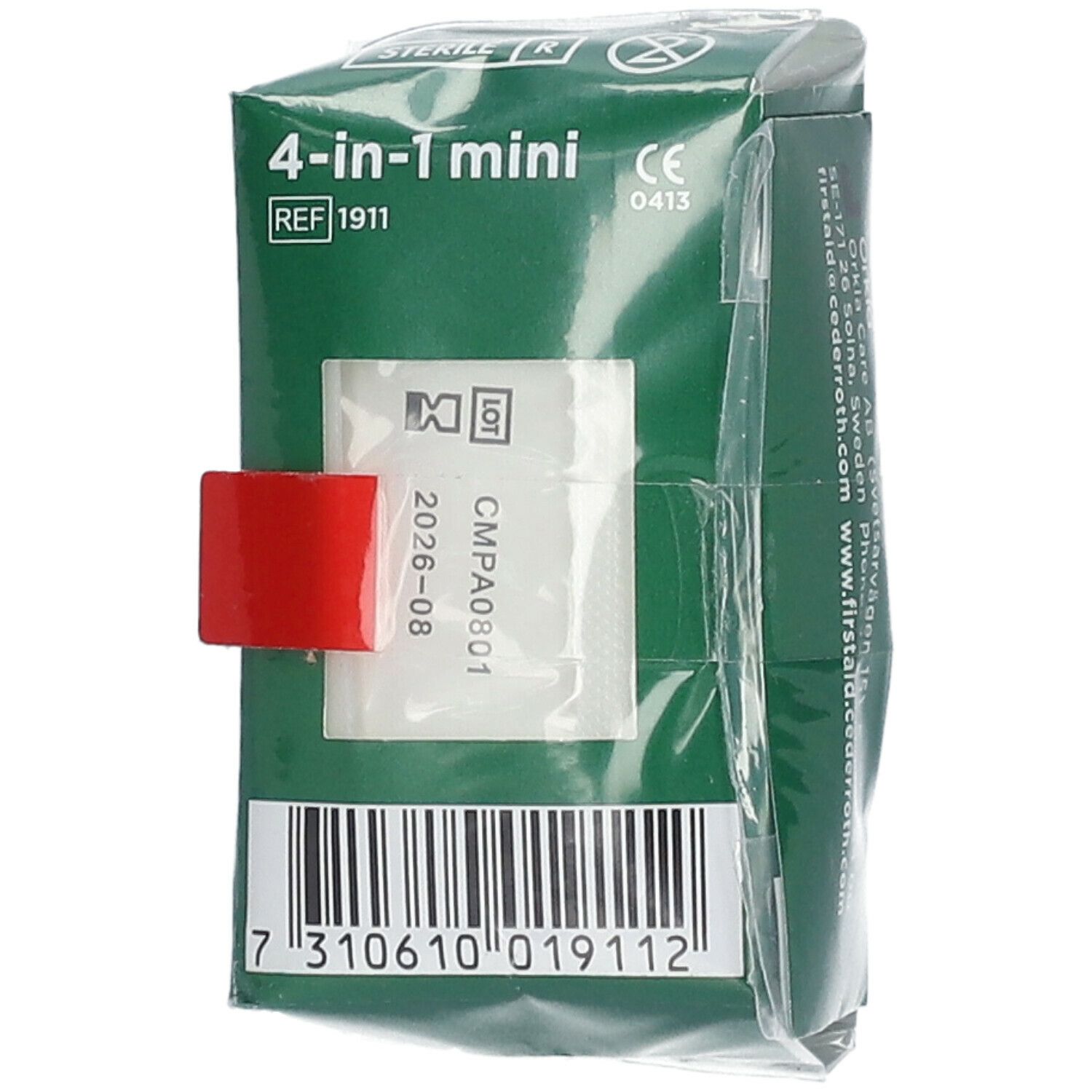 Achterkant groene verpakking met barcode, lotnummer en houdbaarheidsdatum. Rode sluiting.