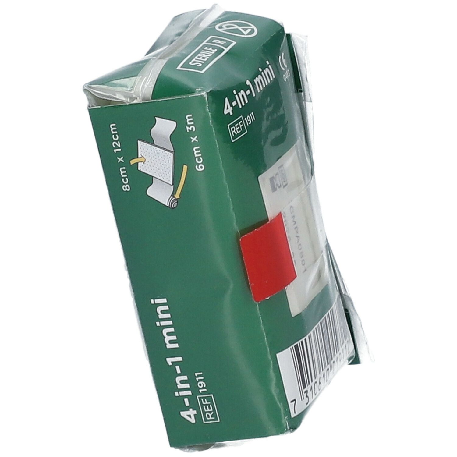 Schuine groene verpakking met afmetingen. Rode sluiting. Steriel-markering.