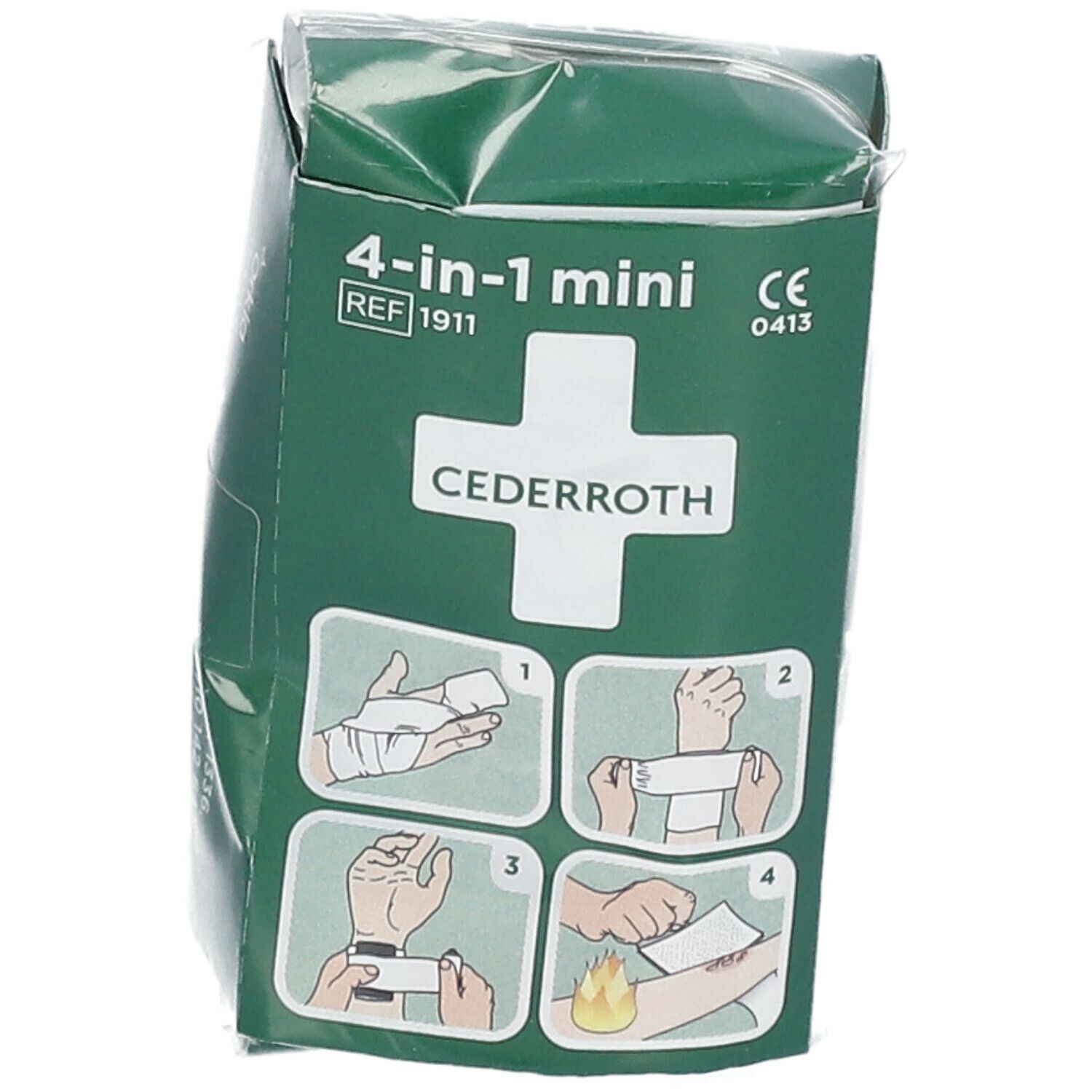 Groene verpakking met "4-in-1 mini" en "Cederroth". Illustraties van gebruik. CE-markering.
