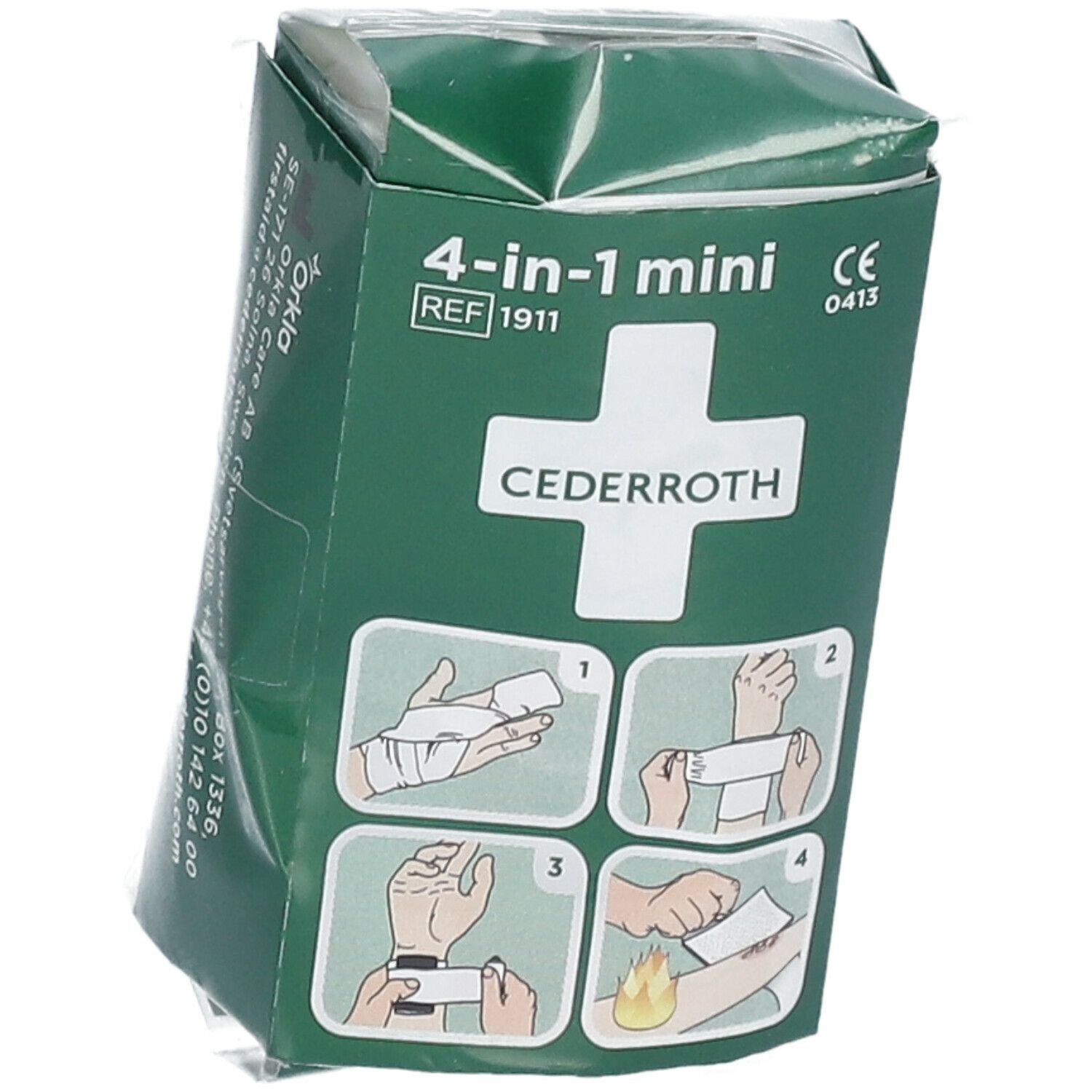 Schuine groene verpakking met "4-in-1 mini" en "Cederroth". Tekst en contactinfo op de zijkant.
