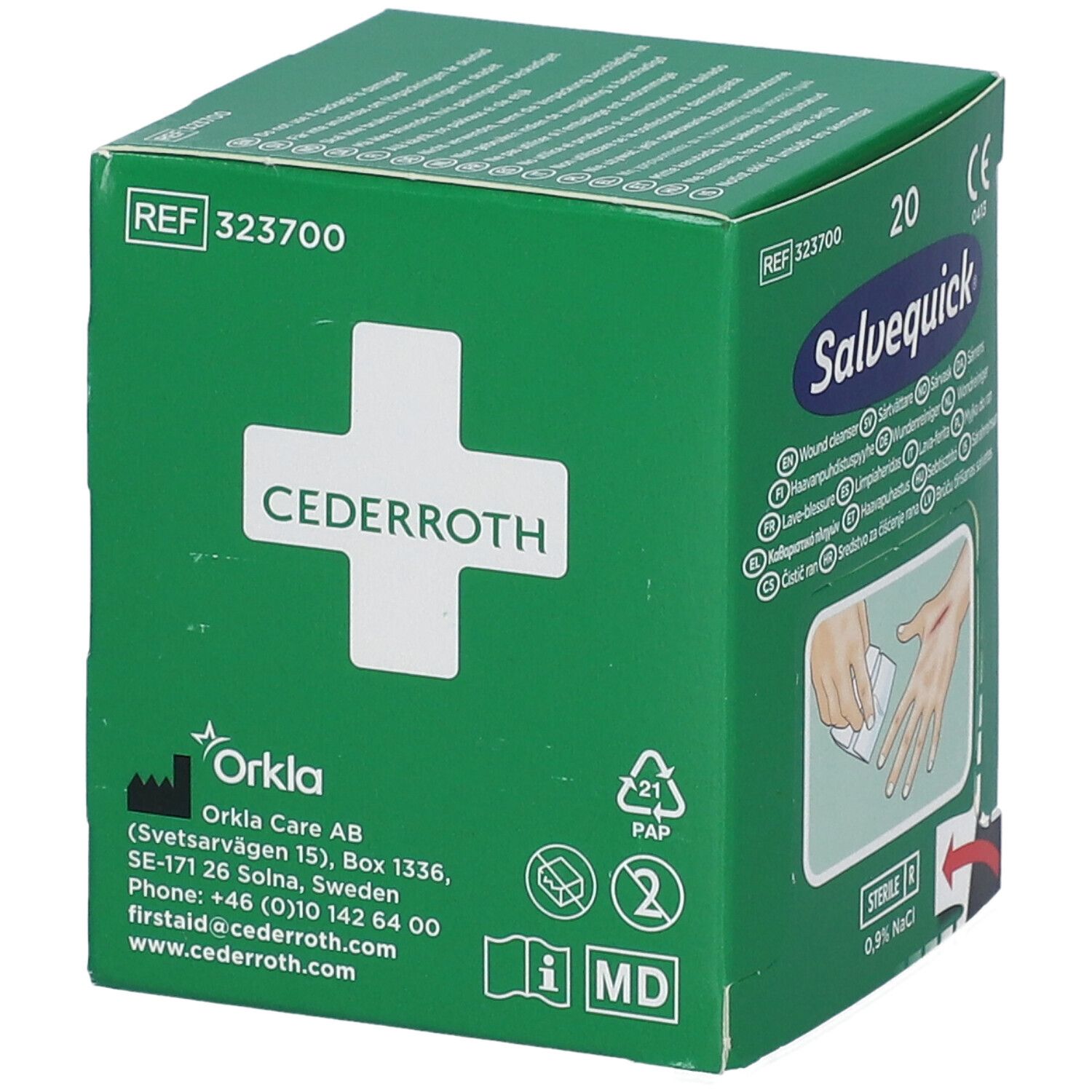 Grüne Schachtel mit Cederrroth Logo und Salvequick Wundreiniger. Zeigt eine Hand mit Schnittwunde.