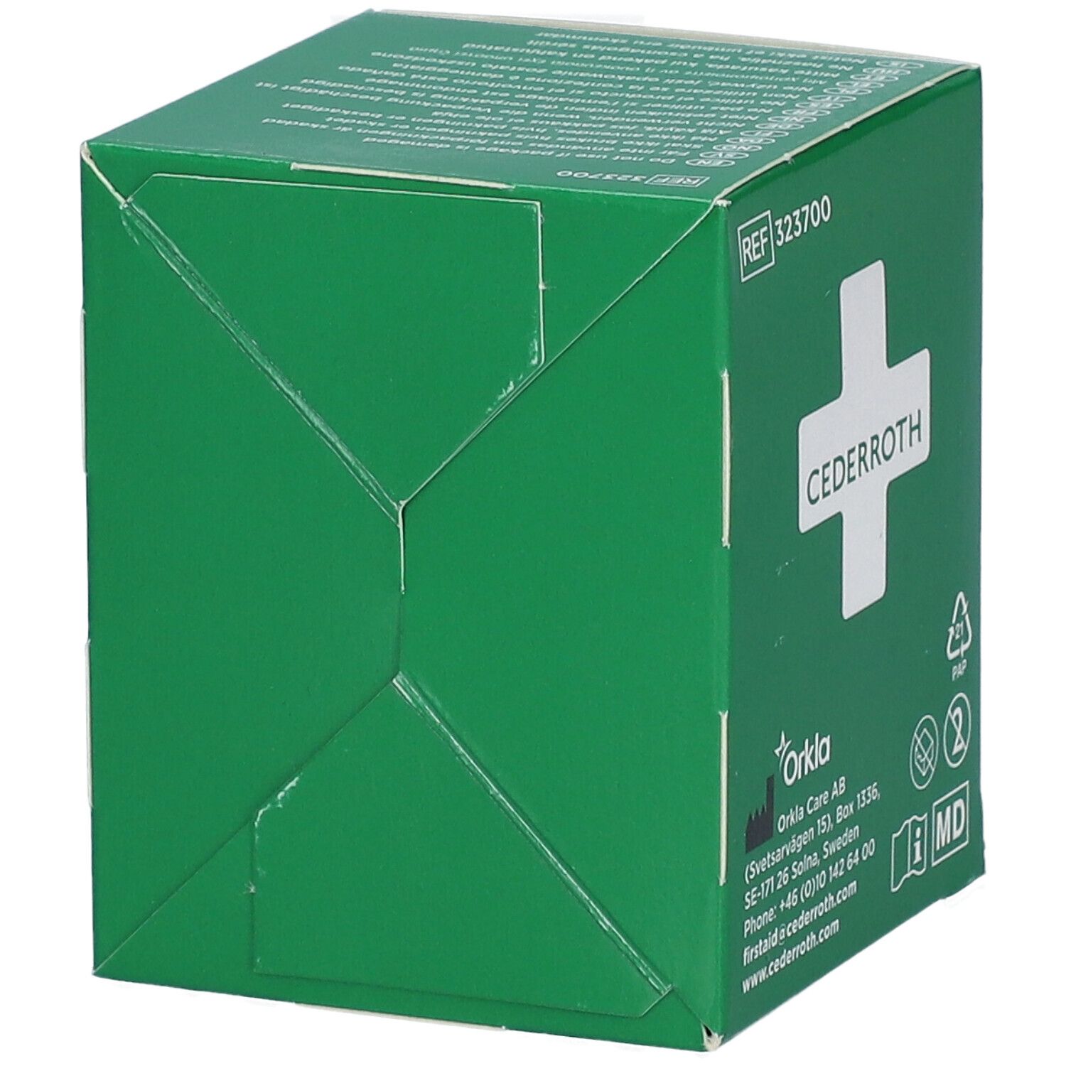 Rückseite einer grünen Schachtel mit Cederrroth Logo und Salvequick Wundreiniger.