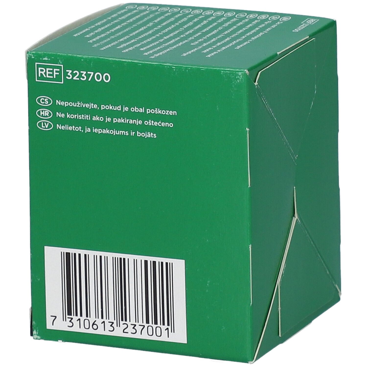 Seitenansicht einer grünen Schachtel mit Salvequick Wundreiniger und Barcode.