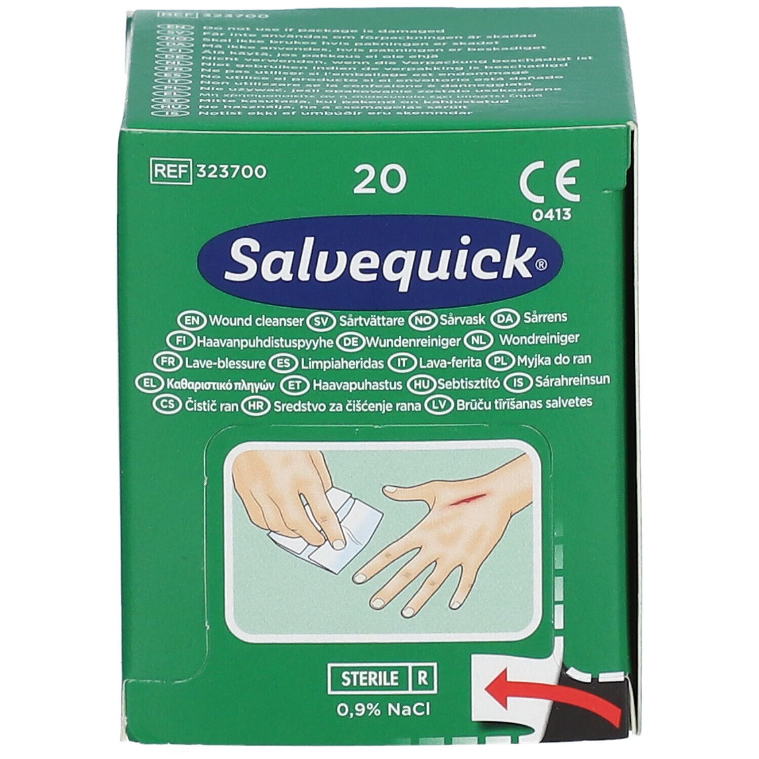 Grüne Schachtel mit Salvequick Wundreiniger, 20 Stück. Zeigt eine Hand mit Schnittwunde.