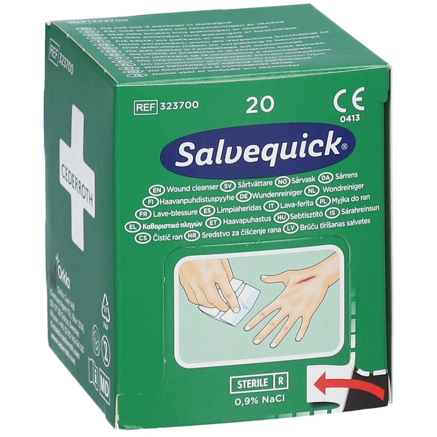 Grüne Schachtel mit Cederrroth Logo und Salvequick Wundreiniger. Zeigt eine Hand mit Schnittwunde.