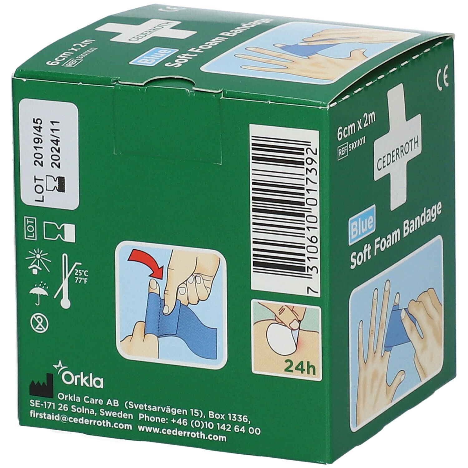 Groene verpakking Cederroth Soft Foam Bandage. 6 cm x 2 m. Illustraties: toepassing, 24u. CE-markering. Orkla Care AB.
