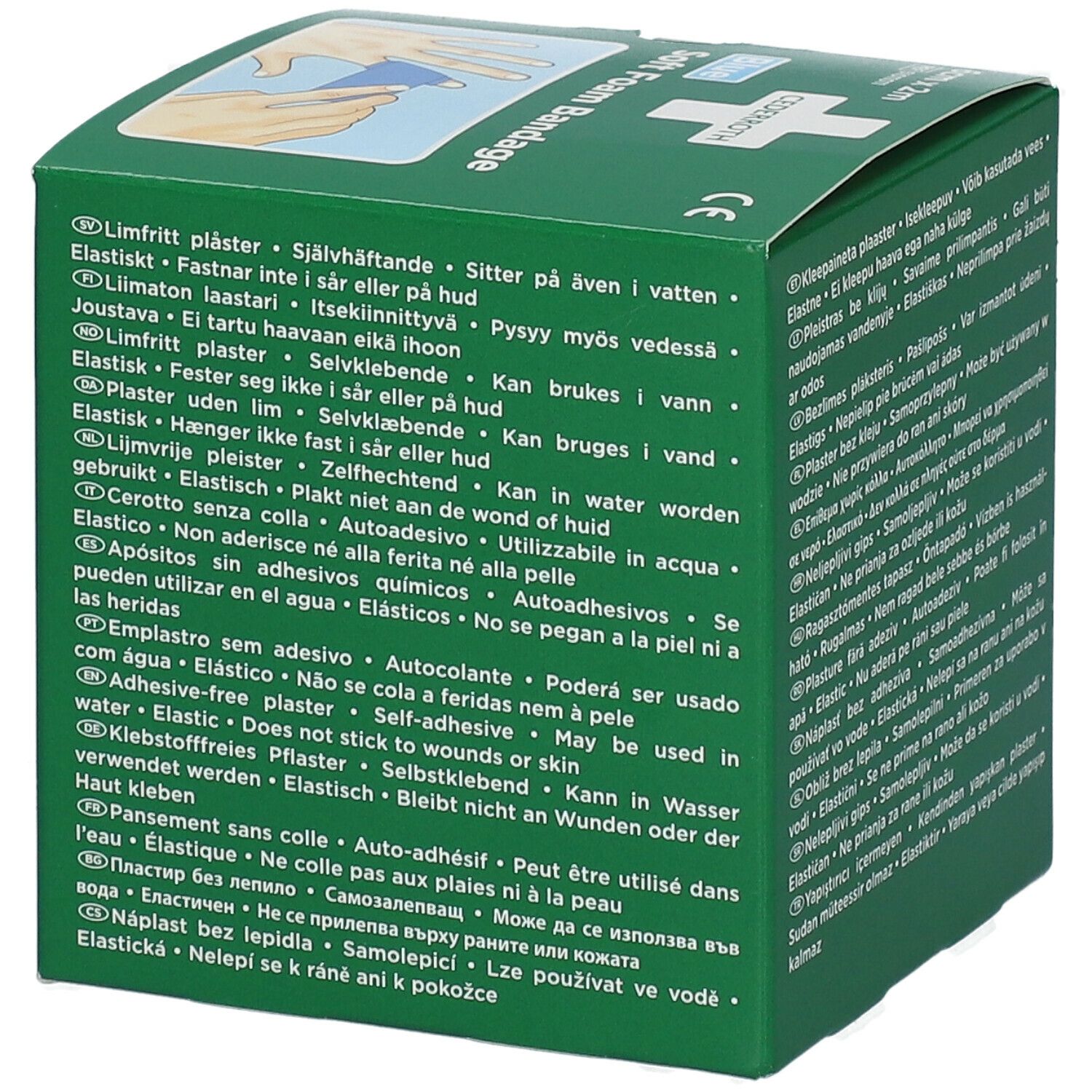Groene verpakking Cederroth Soft Foam Bandage. Meertalige tekst. CE-markering. Geen illustraties.