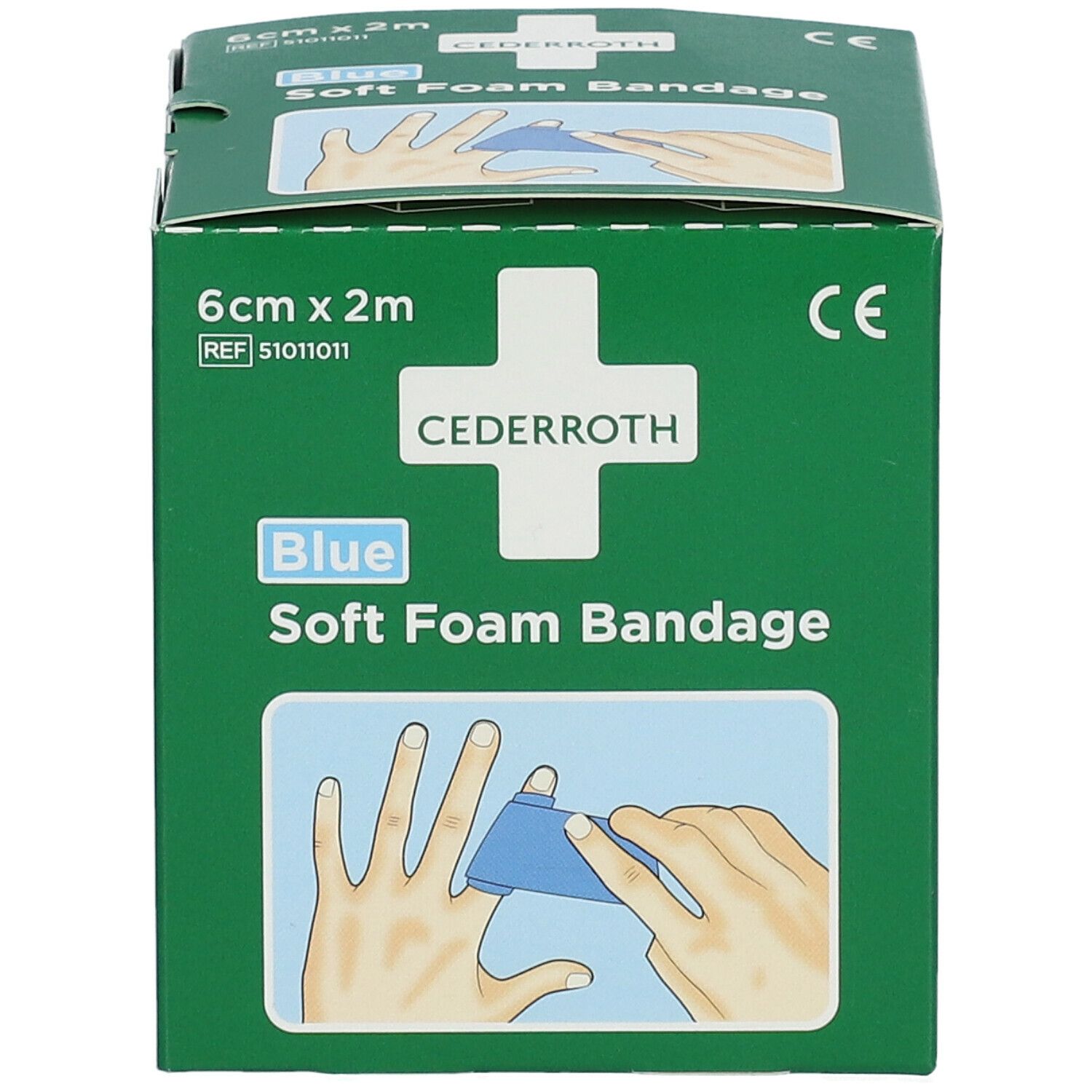 Groene verpakking Cederroth Soft Foam Bandage. 6 cm x 2 m. CE-markering. Illustratie van een hand met een pleister.
