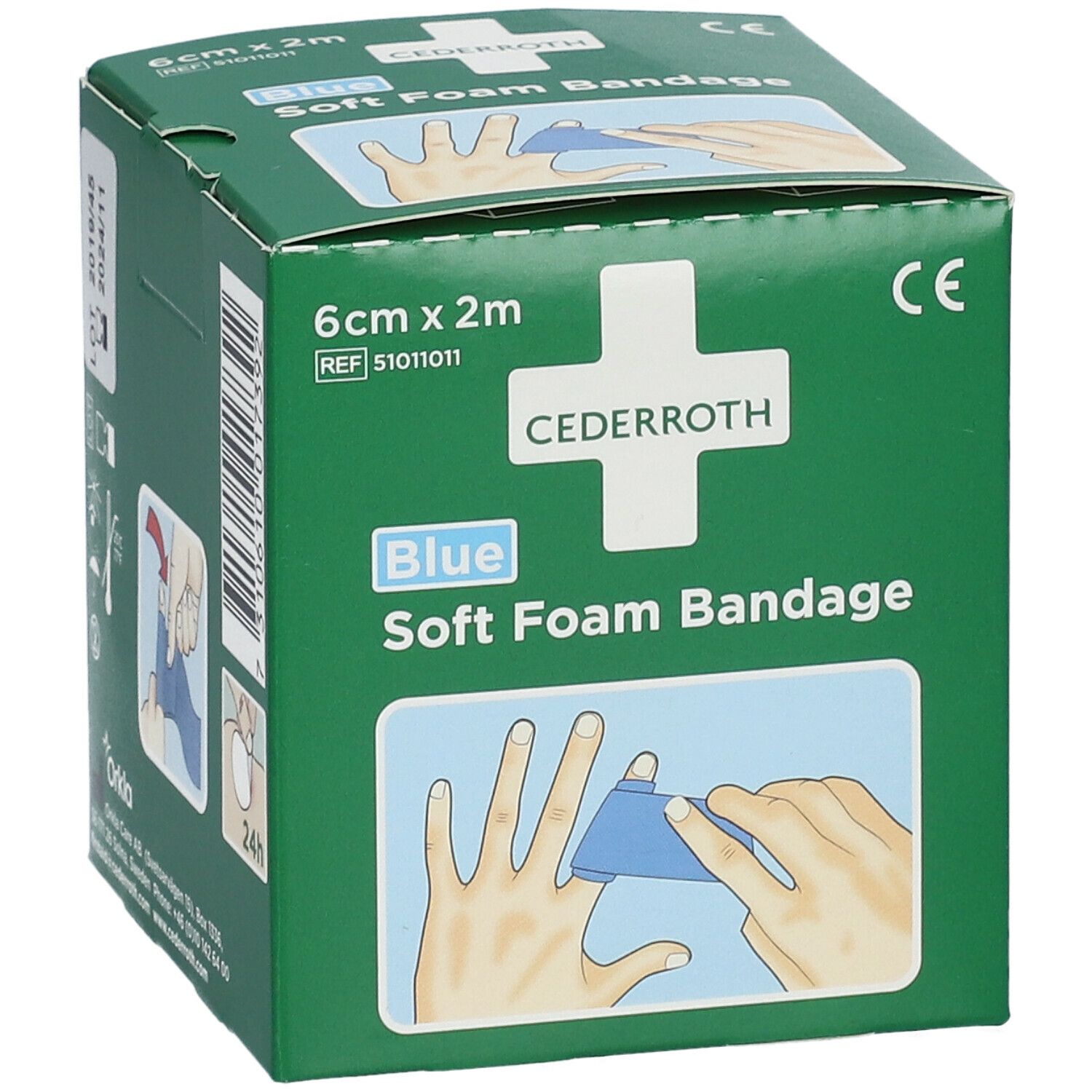 Groene verpakking Cederroth Soft Foam Bandage. 6 cm x 2 m. Illustraties: toepassing, 24u. CE-markering.