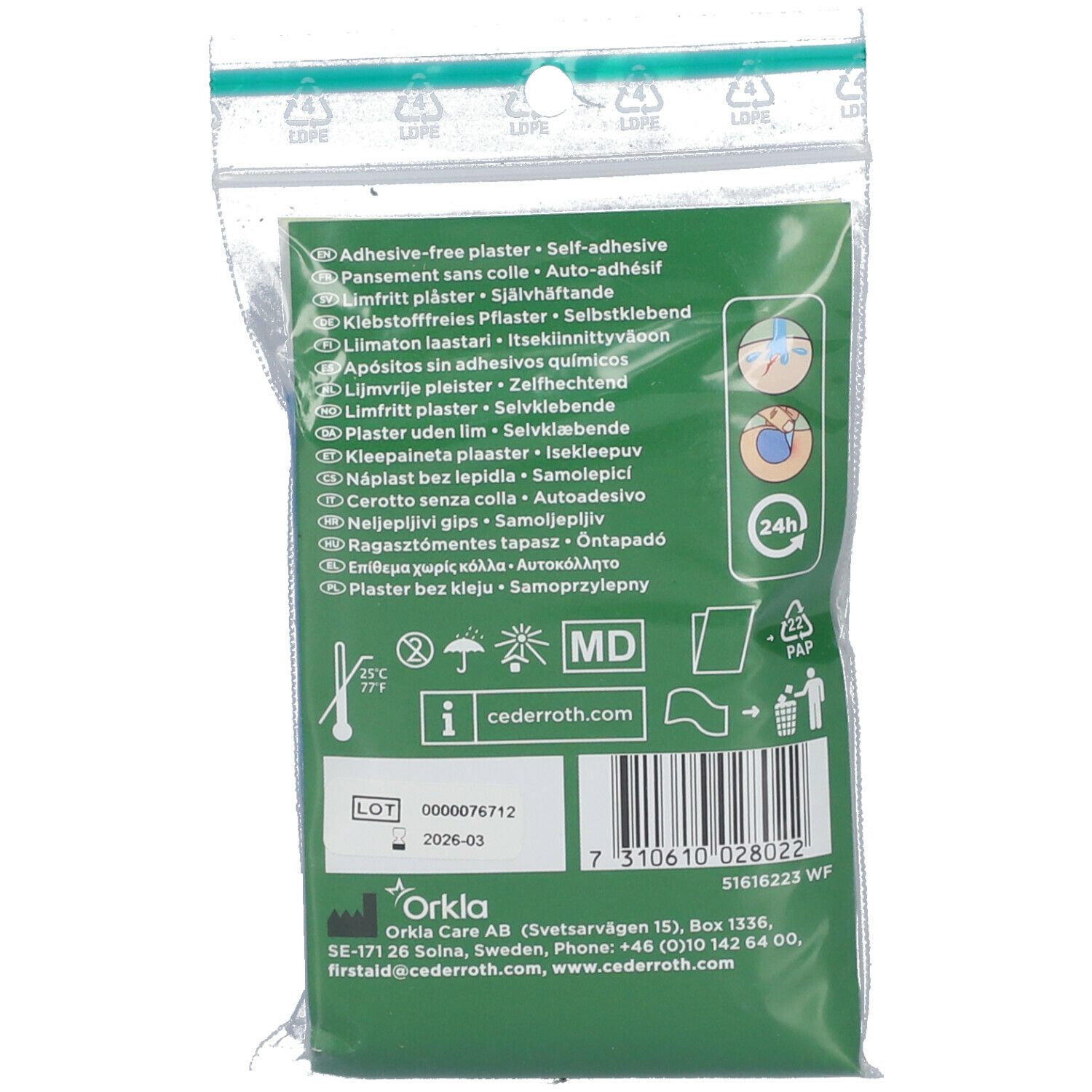 Achterkant van de verpakking. Tekst: Adhesive-free plaster. Symbolen voor temperatuur, vochtigheid, medisch hulpmiddel. Websiteadres.