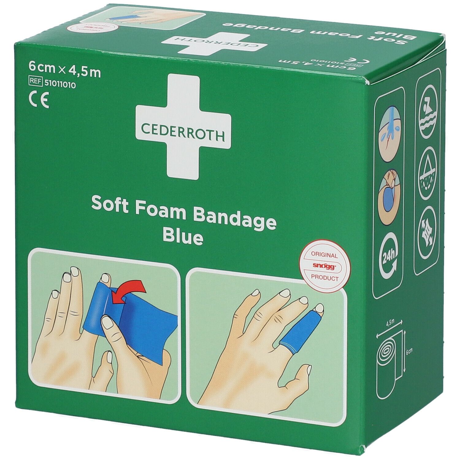Groene verpakking. Cederroth Soft Foam Bandage Blue. 6 cm x 4,5 m. Gebruiksillustraties. CE-markering.