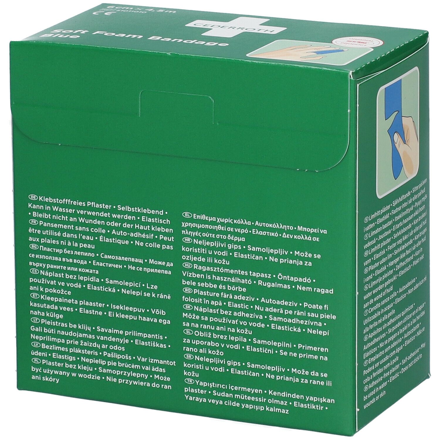 Groene verpakking. Cederroth Soft Foam Bandage Blue. Meertalige tekst. Illustraties.