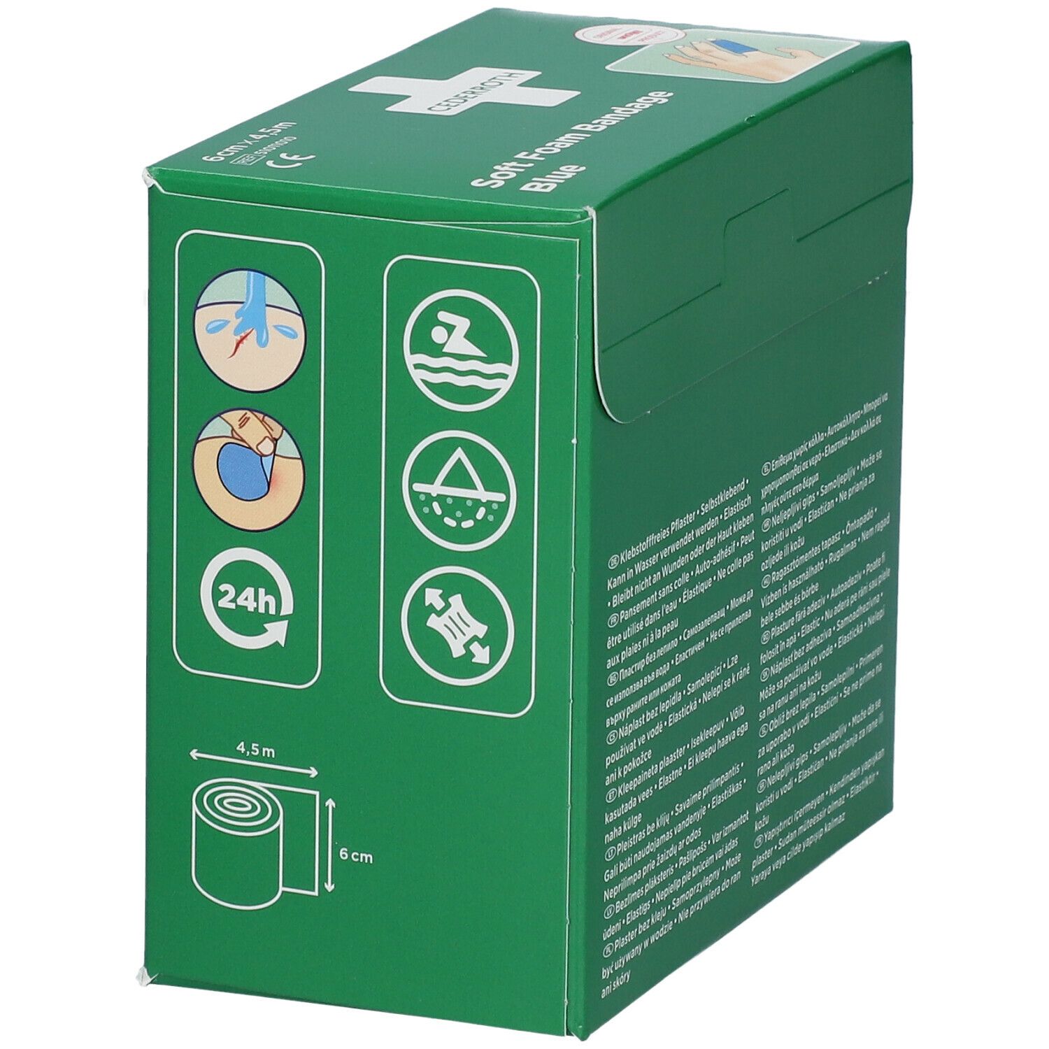 Groene verpakking. Cederroth Soft Foam Bandage Blue. Illustraties: waterbestendig, ademend, rekbaar. Afmetingen.