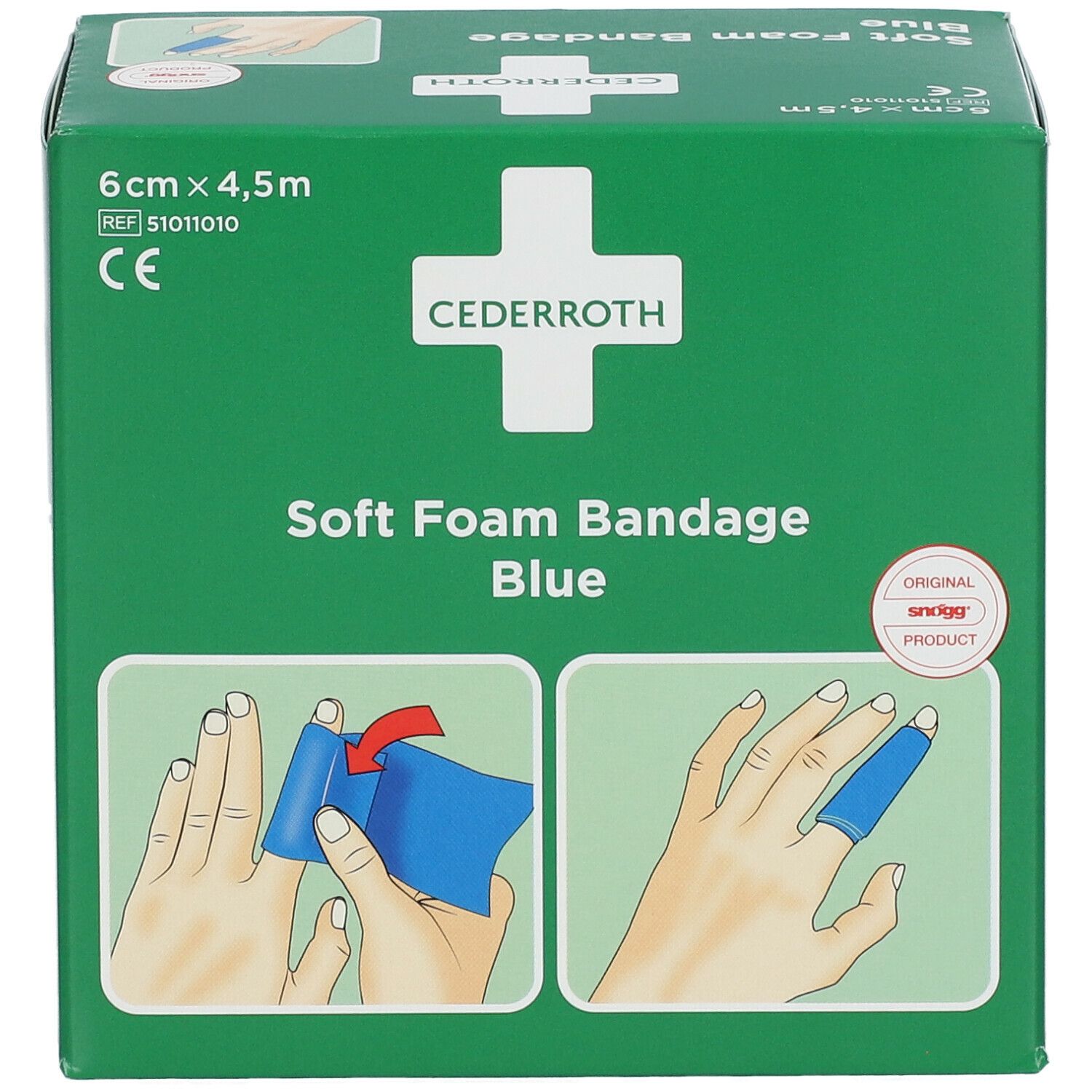 Groene verpakking. Cederroth Soft Foam Bandage Blue. 6 cm x 4,5 m. Gebruiksillustraties. CE-markering.