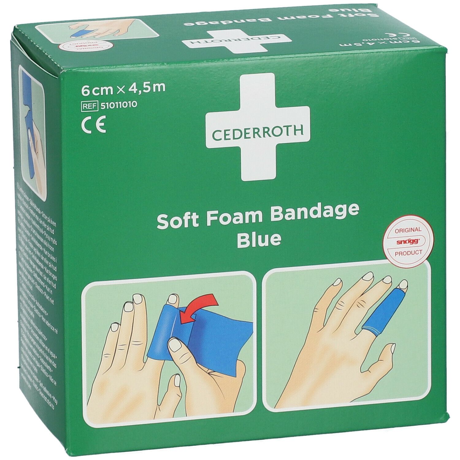 Groene verpakking. Cederroth Soft Foam Bandage Blue. 6 cm x 4,5 m. Gebruiksillustraties. CE-markering.