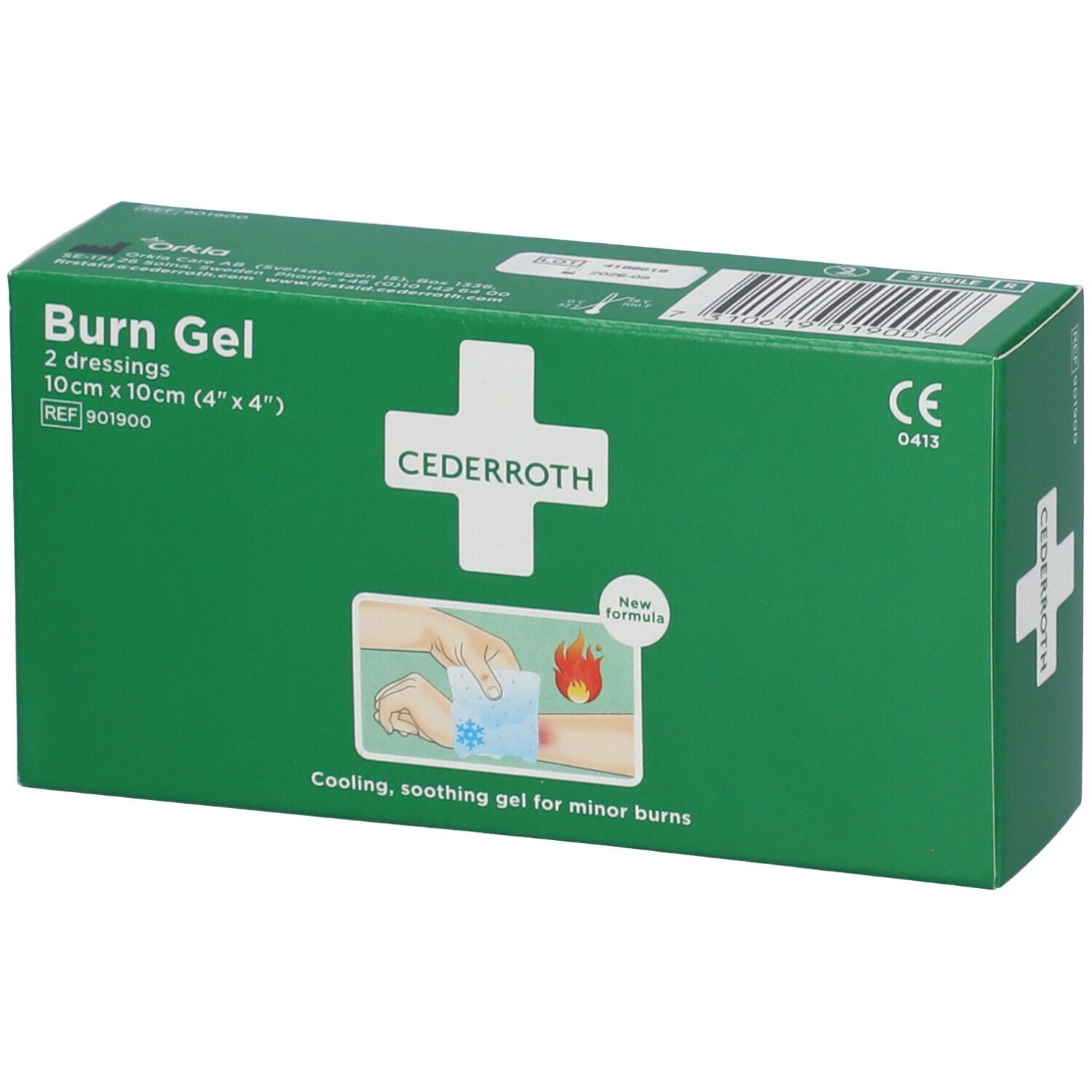 Groene verpakking met "Burn Gel" en "Cederroth" logo. Bevat 2 verbanden, 10x10cm. CE-markering.