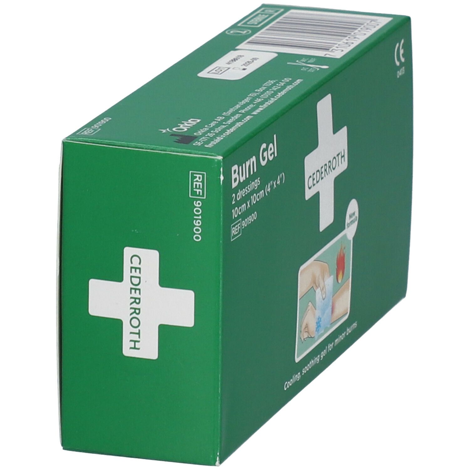 Groene verpakking, "Burn Gel" en "Cederroth" logo. Bevat 2 verbanden, 10x10cm. CE-markering. Schuine weergave.