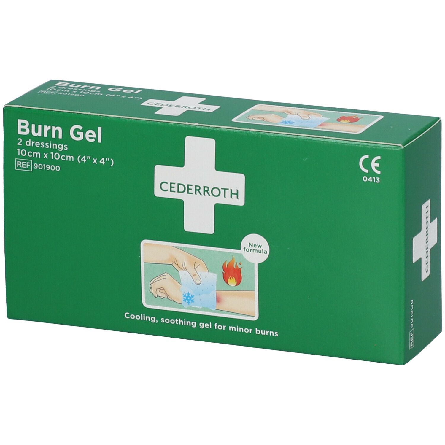 Groene verpakking met "Burn Gel" en "Cederroth" logo. Bevat 2 verbanden, 10x10cm. CE-markering.