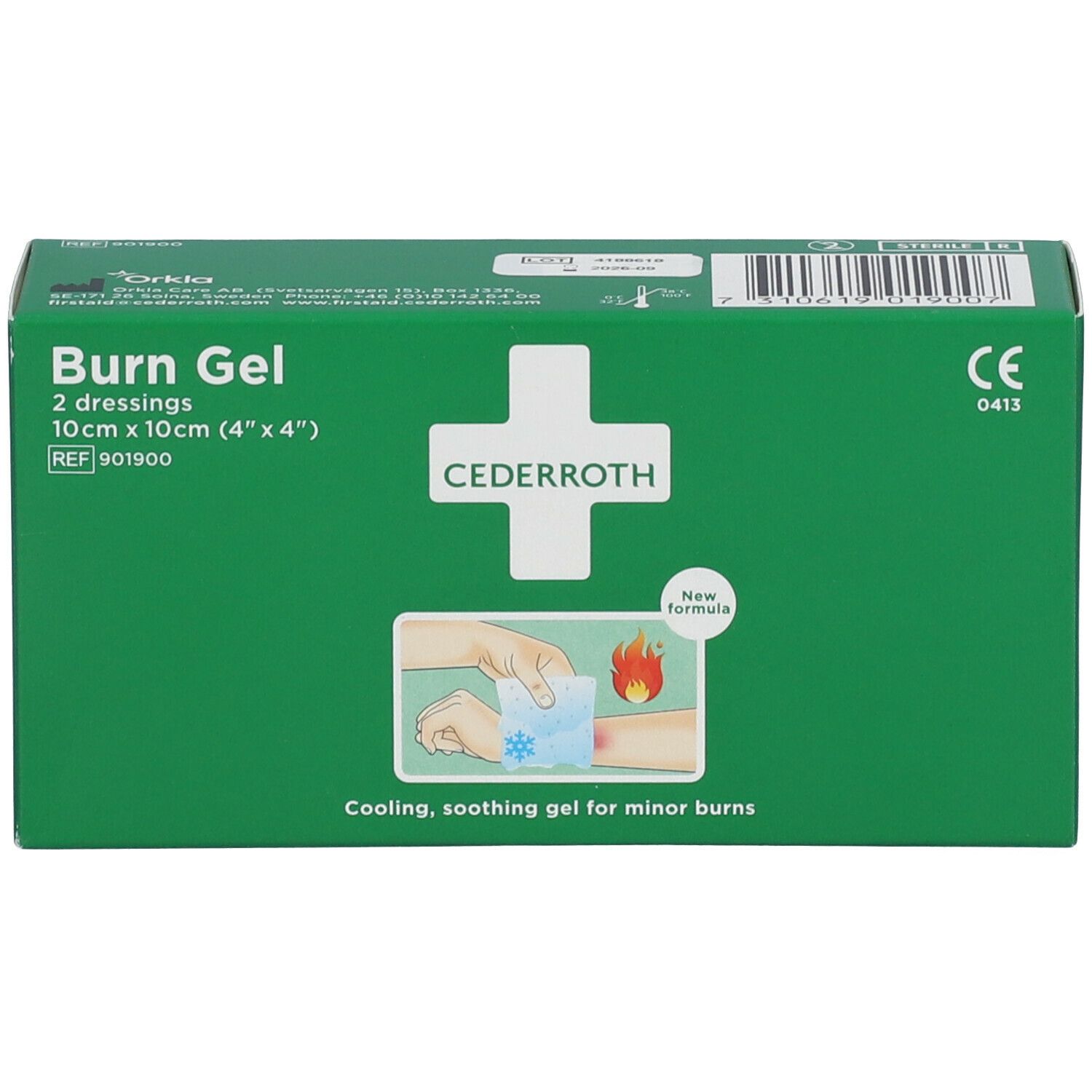 Groene verpakking met "Burn Gel" en "Cederroth" logo. Bevat 2 verbanden, 10x10cm. CE-markering.