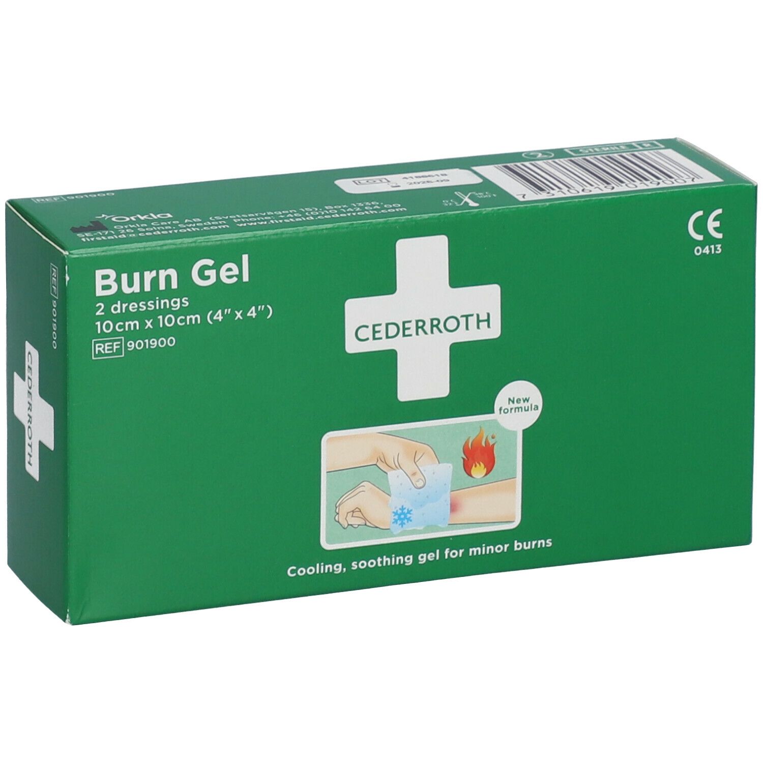 Groene verpakking, "Burn Gel" en "Cederroth" logo. Bevat 2 verbanden, 10x10cm. CE-markering. Schuine weergave.