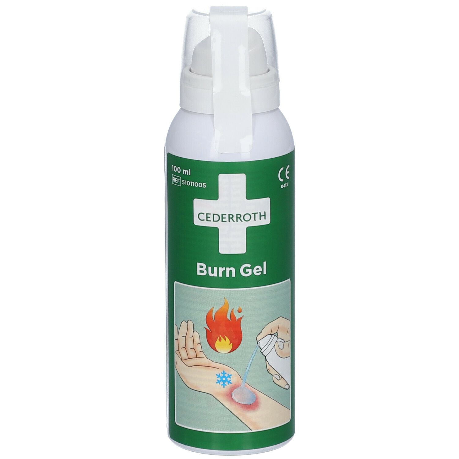 Witte spuitfles met groen etiket. Bevat Cederroth Burn Gel. Illustratie van brandwond en toepassing.