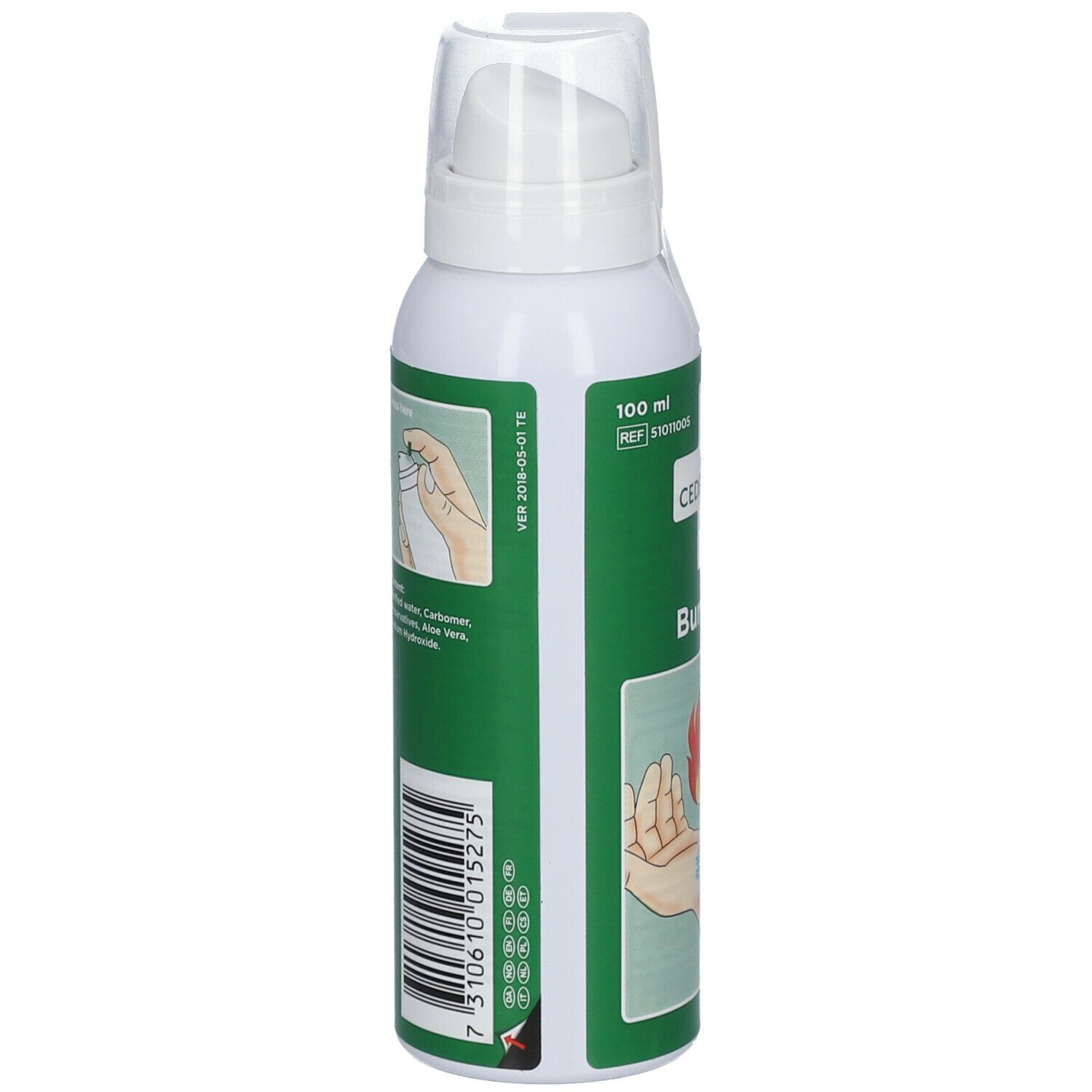Witte spuitfles met groen etiket. Bevat Cederroth Burn Gel. Zijaanzicht met productinformatie en barcode.