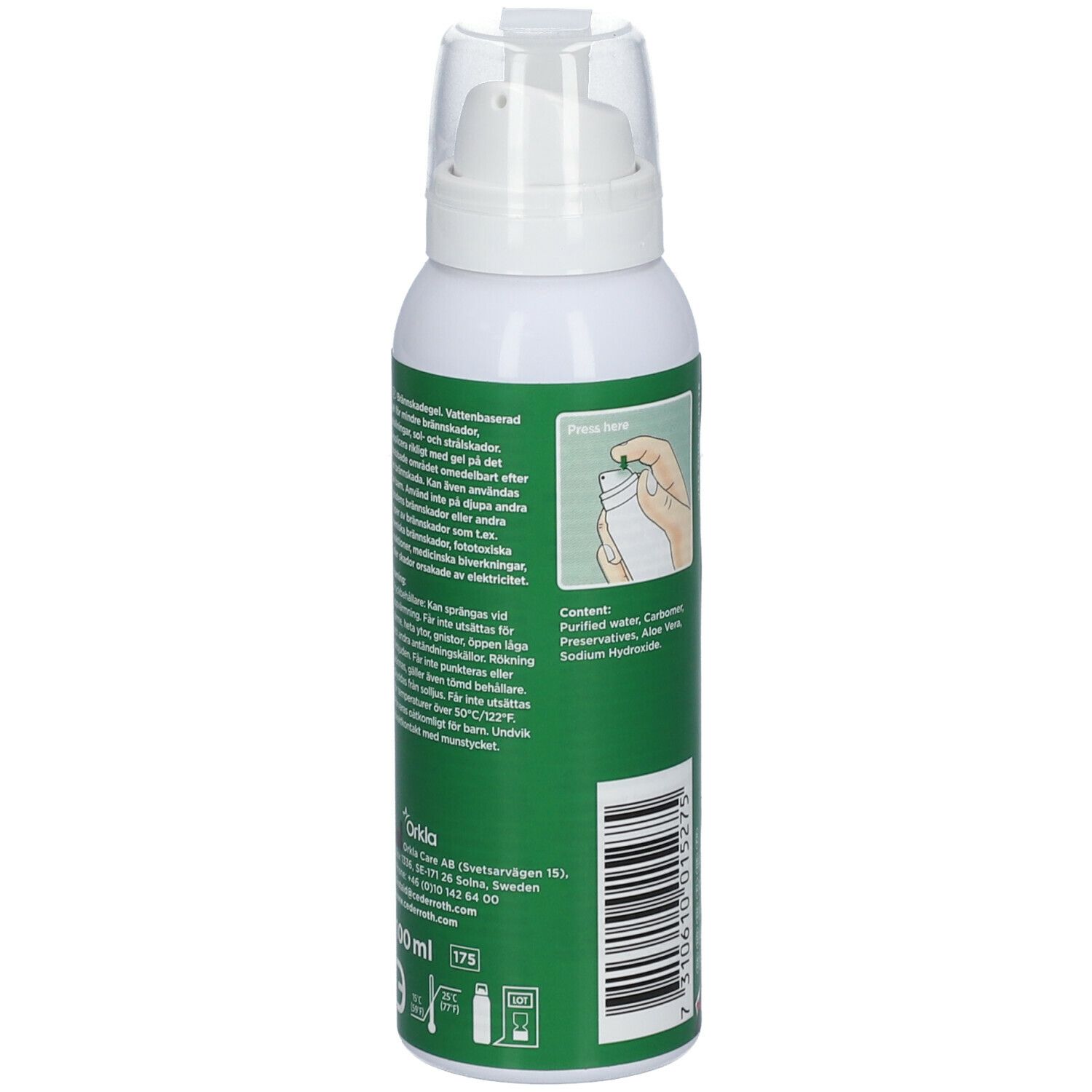 Witte spuitfles met groen etiket. Bevat Cederroth Burn Gel. Achterkant met ingrediënten en gebruiksaanwijzing.