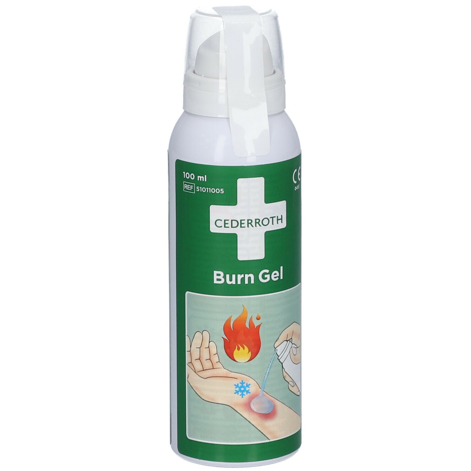 Witte spuitfles met groen etiket. Bevat Cederroth Burn Gel. Illustratie van brandwond en toepassing.