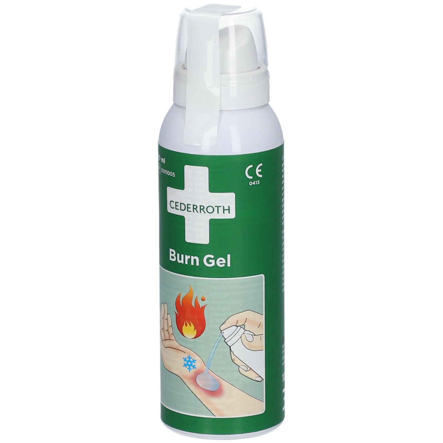 Witte spuitfles met groen etiket. Bevat Cederroth Burn Gel. Illustratie van brandwond en toepassing.