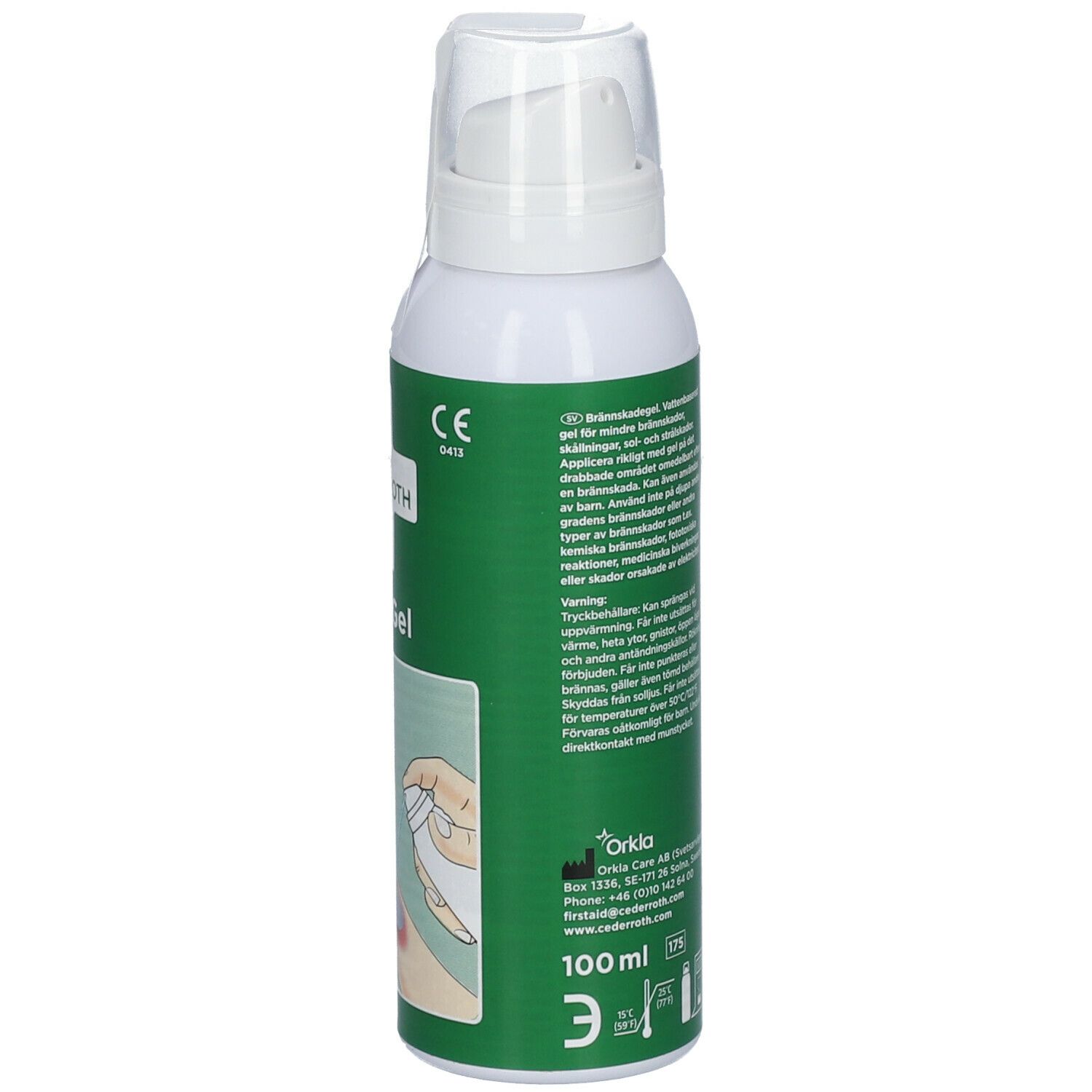 Witte spuitfles met groen etiket. Bevat Cederroth Burn Gel. Achterkant met productinformatie en waarschuwingen.