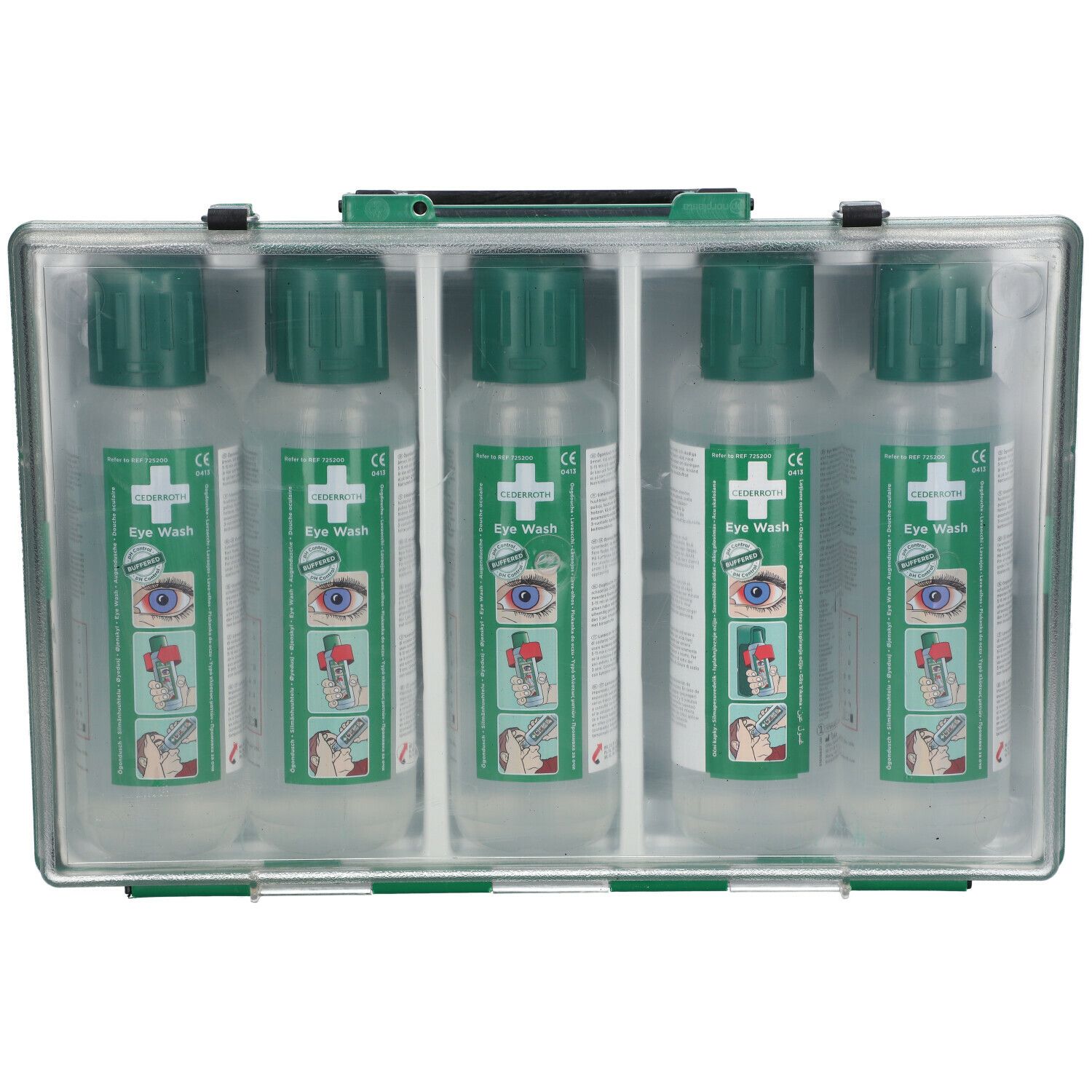 Groene doos met transparante deksel. Vijf flessen oogspoeling. Op elke fles staat een kruis afgebeeld.