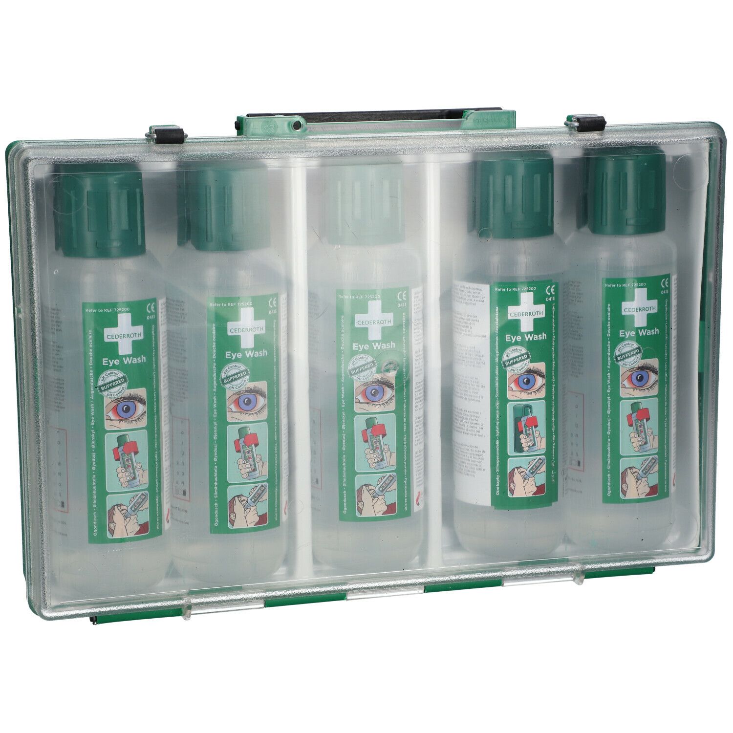 Groene doos met transparante deksel. Vijf flessen oogspoeling. Op elke fles staat een kruis afgebeeld.