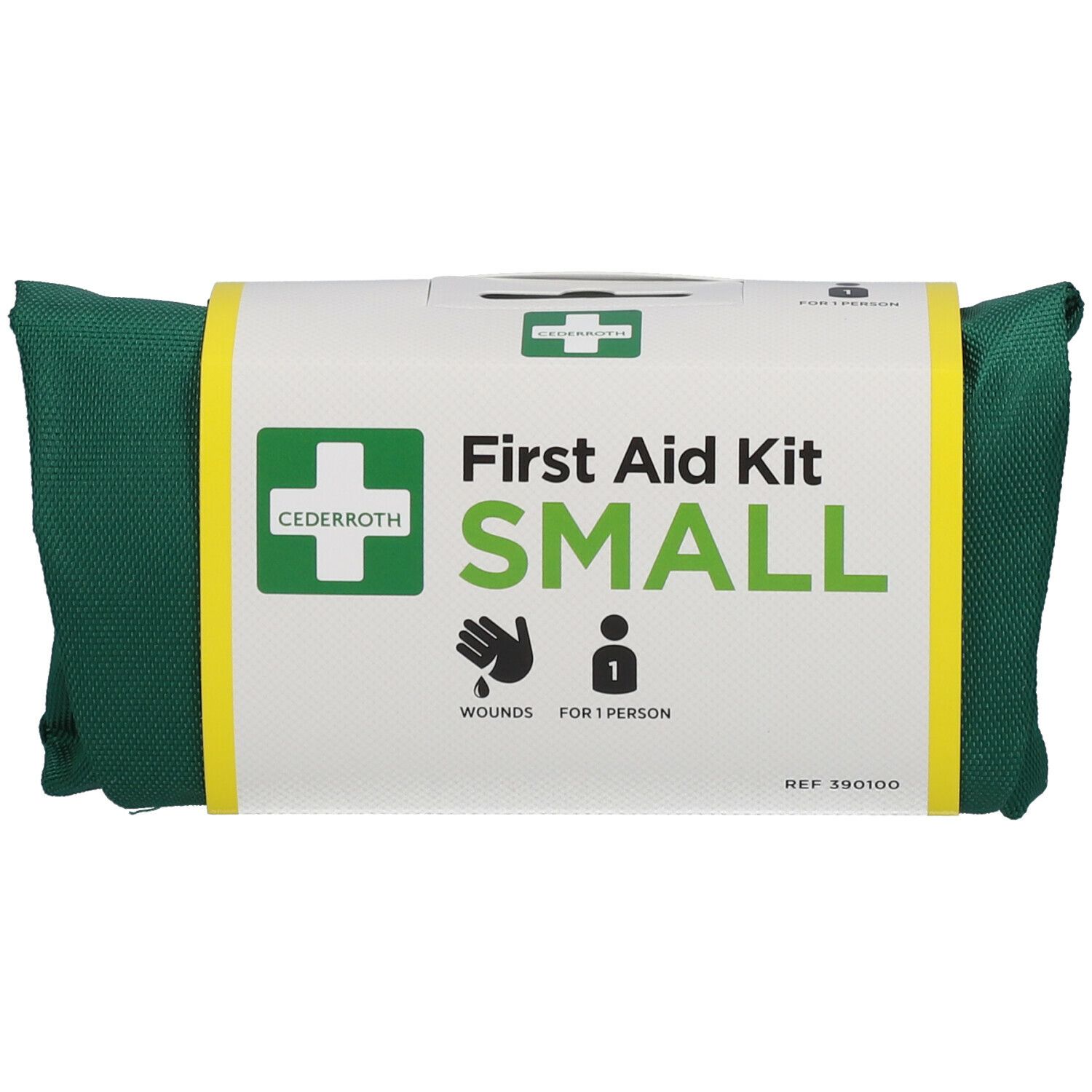 Groene EHBO-koffer, klein. Gele band met 'First Aid Kit SMALL'. Groen kruis logo. Voor 1 persoon.