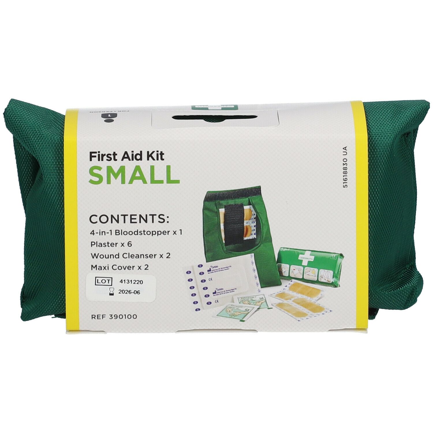 Groene EHBO-koffer, open. Inhoud: pleisters, wondreiniger, verband. Gele band met 'First Aid Kit SMALL'.