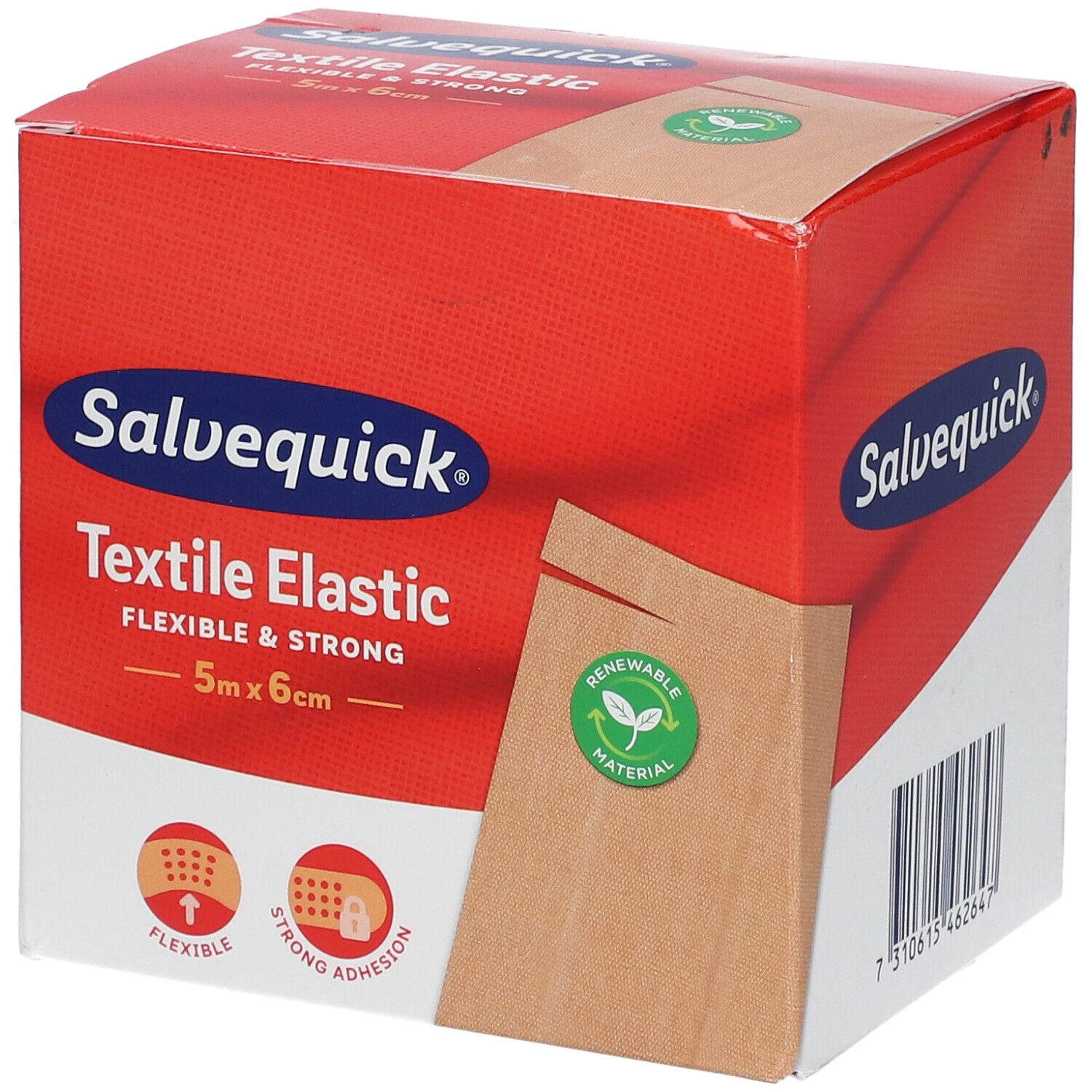 Boîte Salvequick® Textile Elastic. Boîte rouge et blanche avec nom et détails du produit. Avec un autocollant vert 'Renewable Material'.