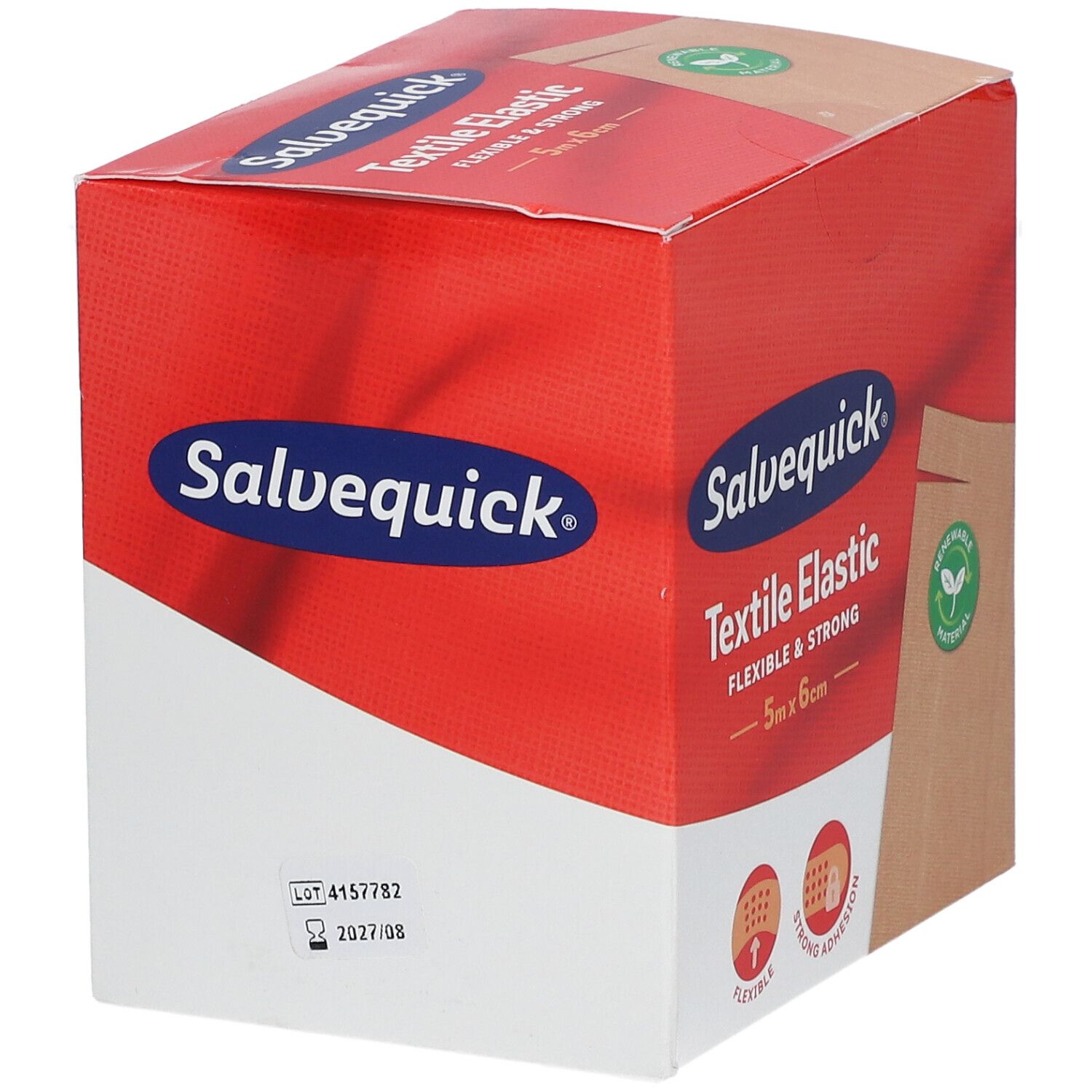 Boîte Salvequick® Textile Elastic. Boîte rouge et blanche avec nom et détails du produit. Comprend un numéro de lot et une date d'expiration.
