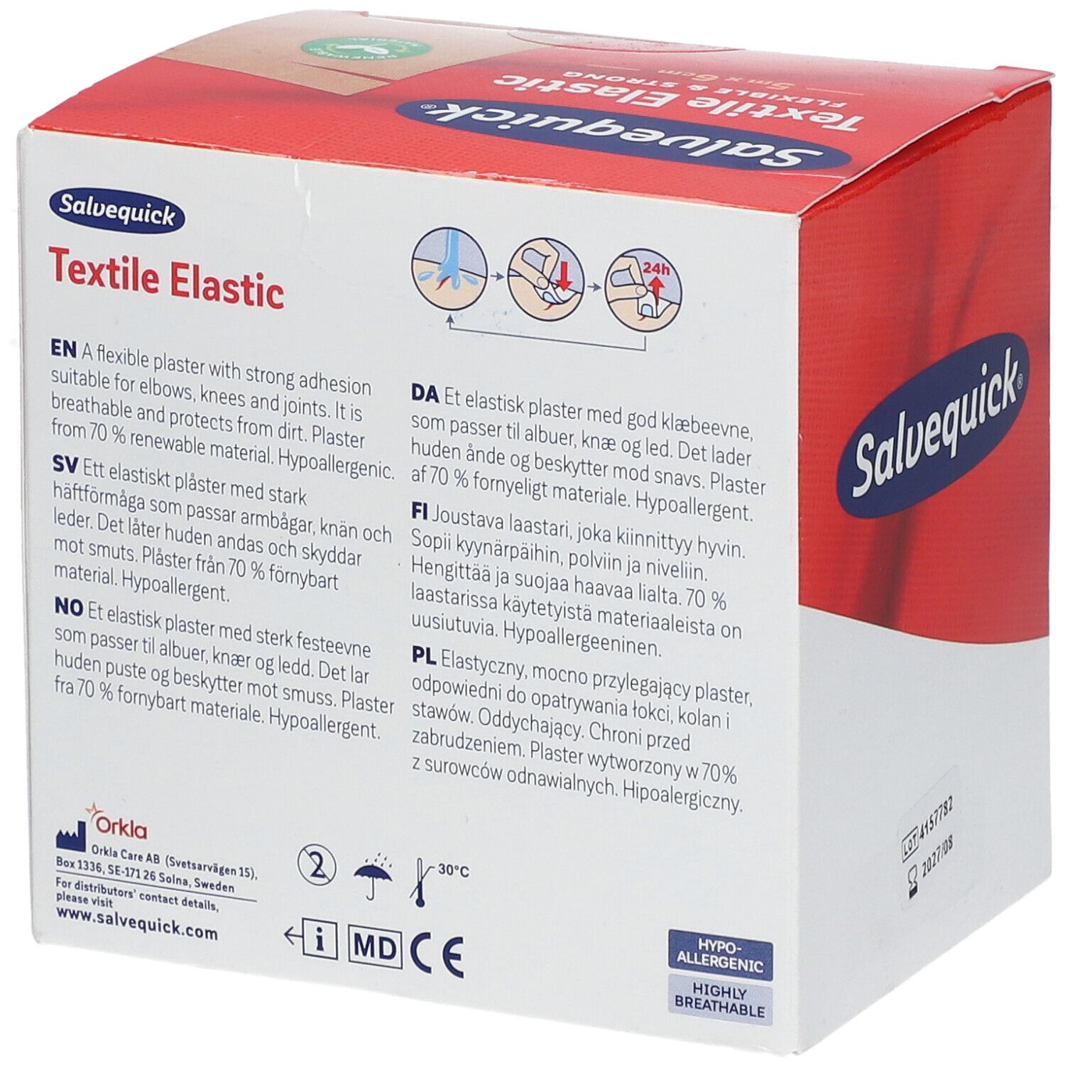 Boîte Salvequick® Textile Elastic. Arrière de la boîte avec informations produit multilingues. Comprend des symboles pour dispositif médical.