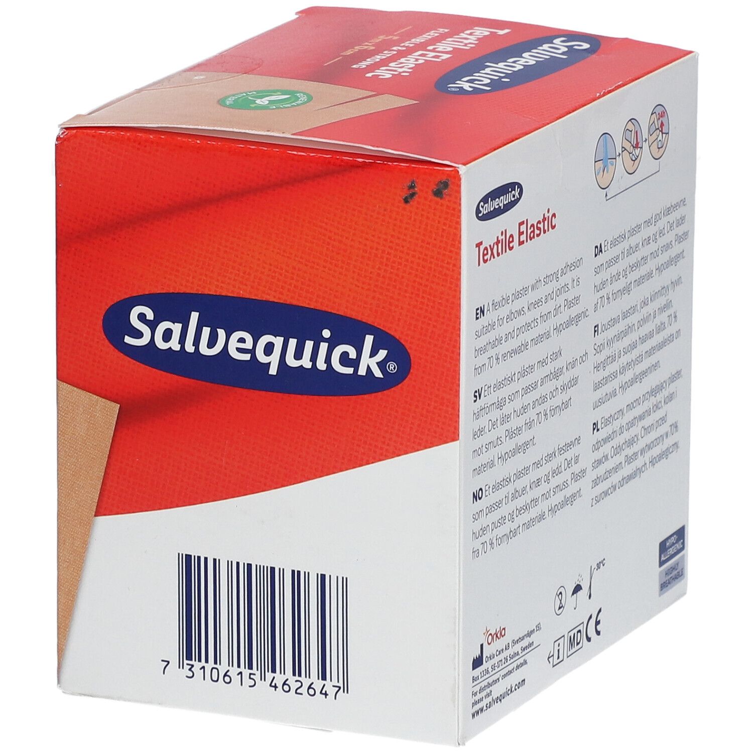 Boîte Salvequick® Textile Elastic. Vue latérale avec code-barres et détails du produit. Avec un autocollant vert 'Renewable Material'.