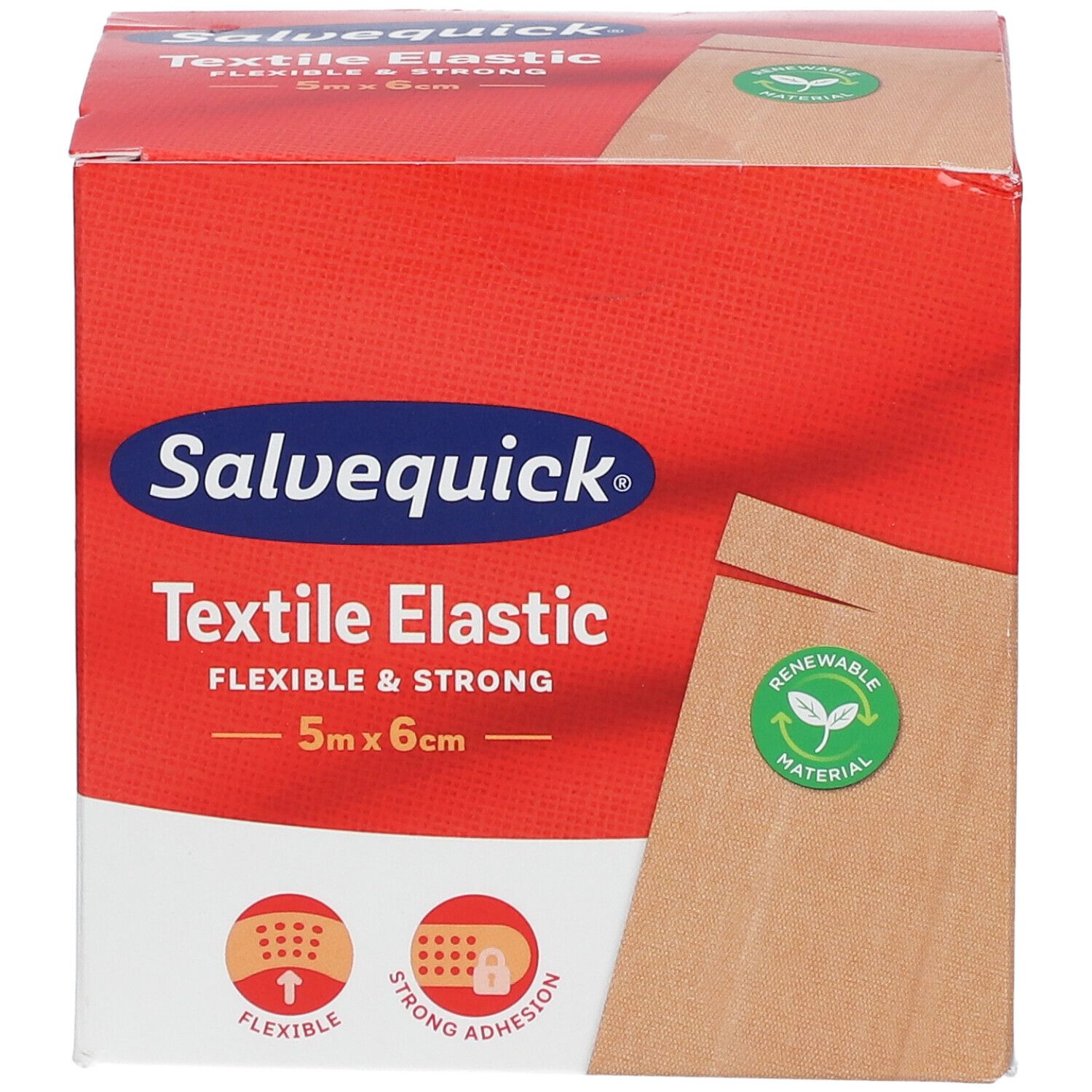 Boîte Salvequick® Textile Elastic. Boîte rouge et blanche avec nom et détails du produit. Avec un autocollant vert 'Renewable Material'.