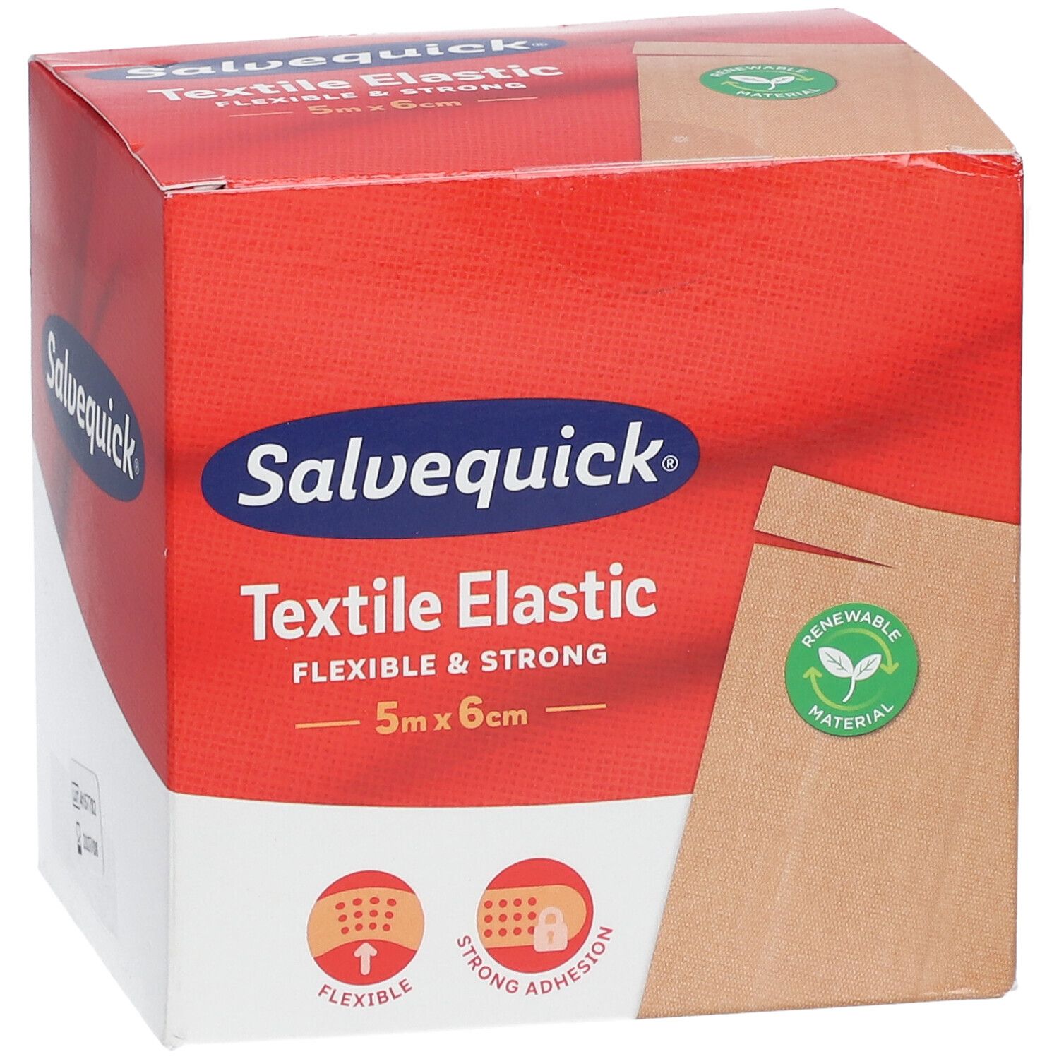Boîte Salvequick® Textile Elastic. Boîte rouge et blanche avec nom et détails du produit. Avec un autocollant vert 'Renewable Material'.