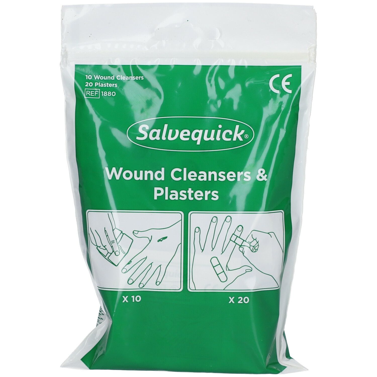 Salvequick® verpakking met wondreinigers en pleisters. Bevat 10 reinigers en 20 pleisters. CE-markering.