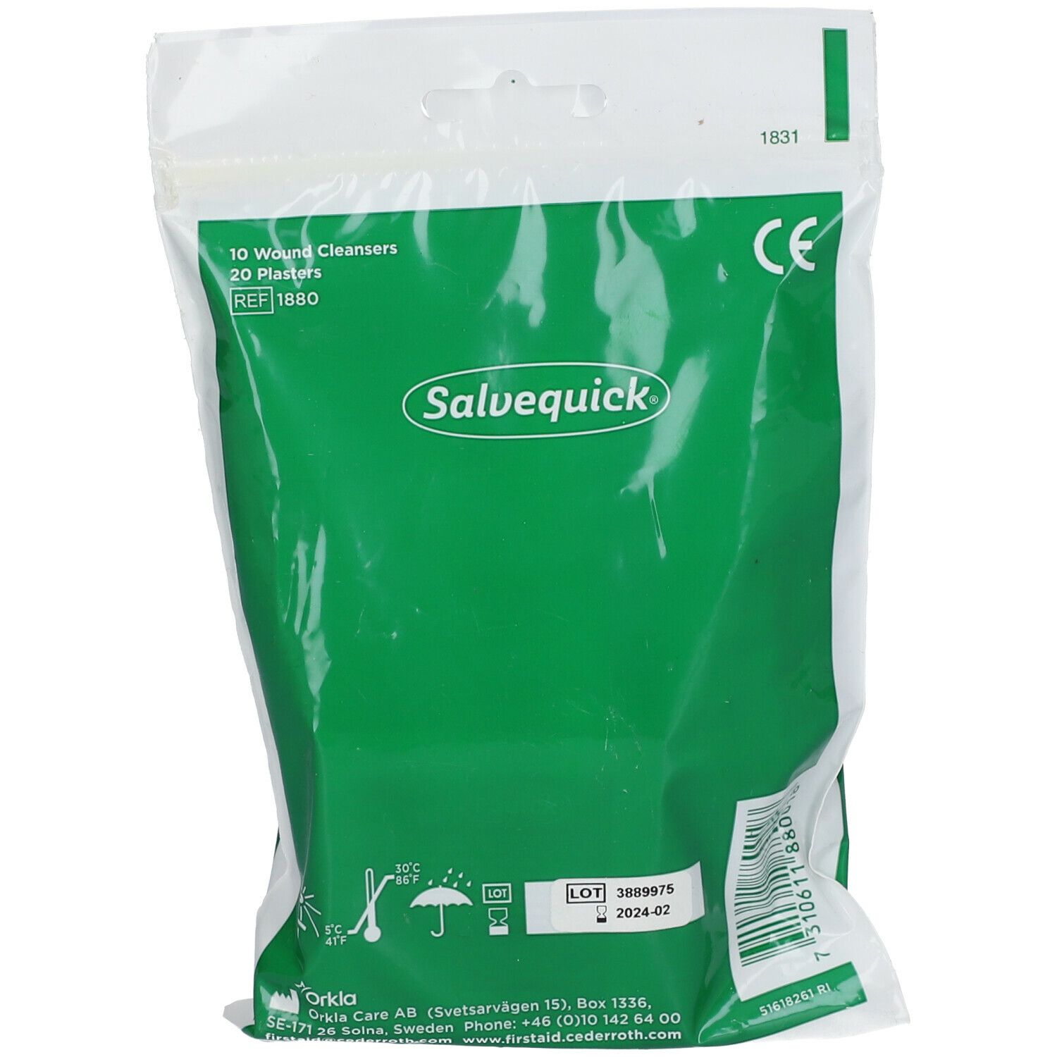 Achterkant van de Salvequick® verpakking. Bevat informatie over ingrediënten en lotnummer. CE-markering.
